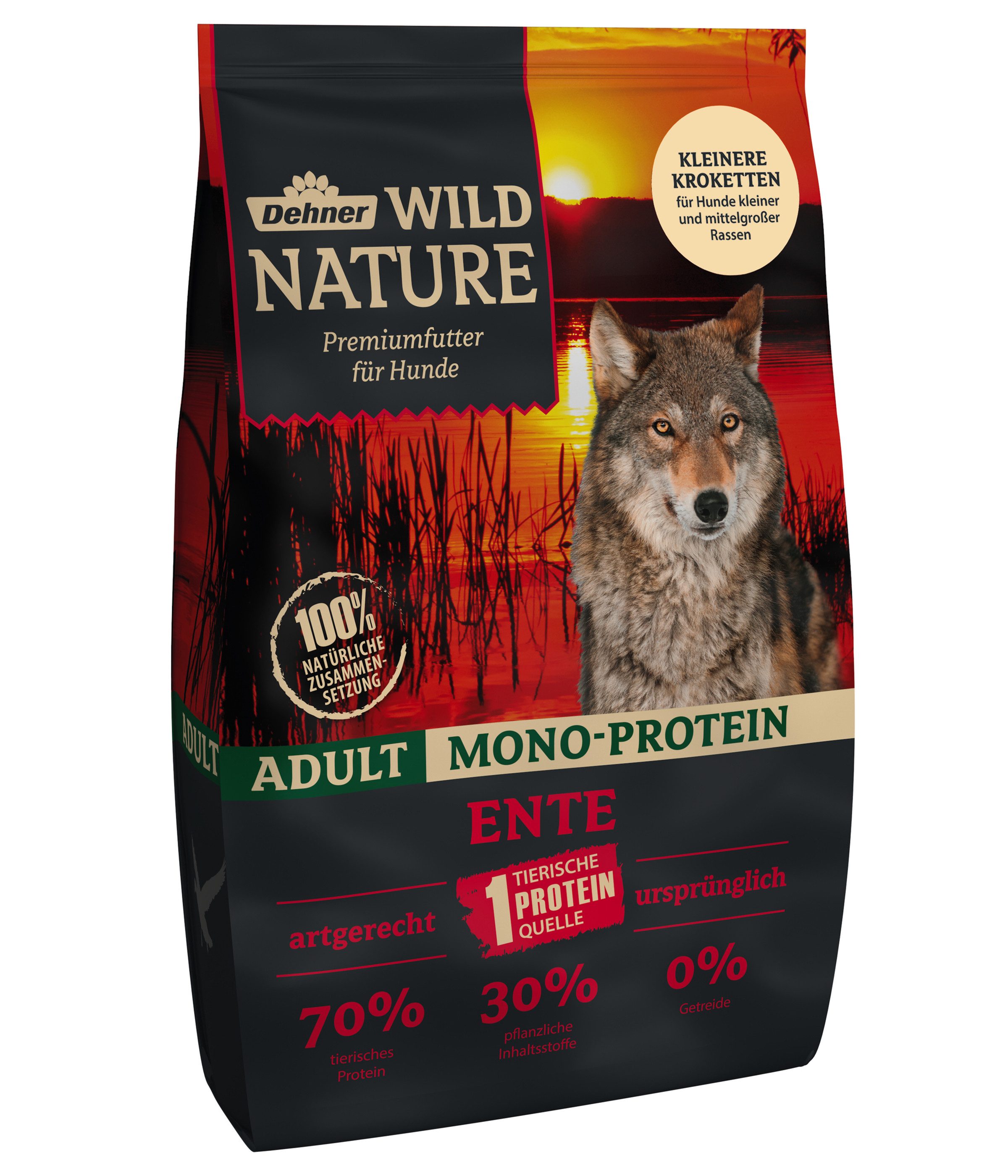 Dehner Wild Nature Mono-Protein Ente, 4 kg / 12 kg, getreidefrei/zuckerfrei Ente, 4000g, Trockenfutter für ausgewachsene Hunde