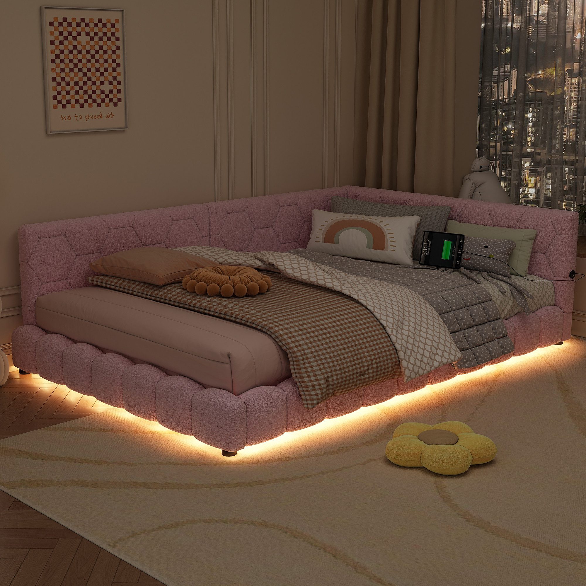 Flieks Polsterbett, LED Doppelbett Daybett Tagesbett Samt 140x200cm mit USB-Anschluss