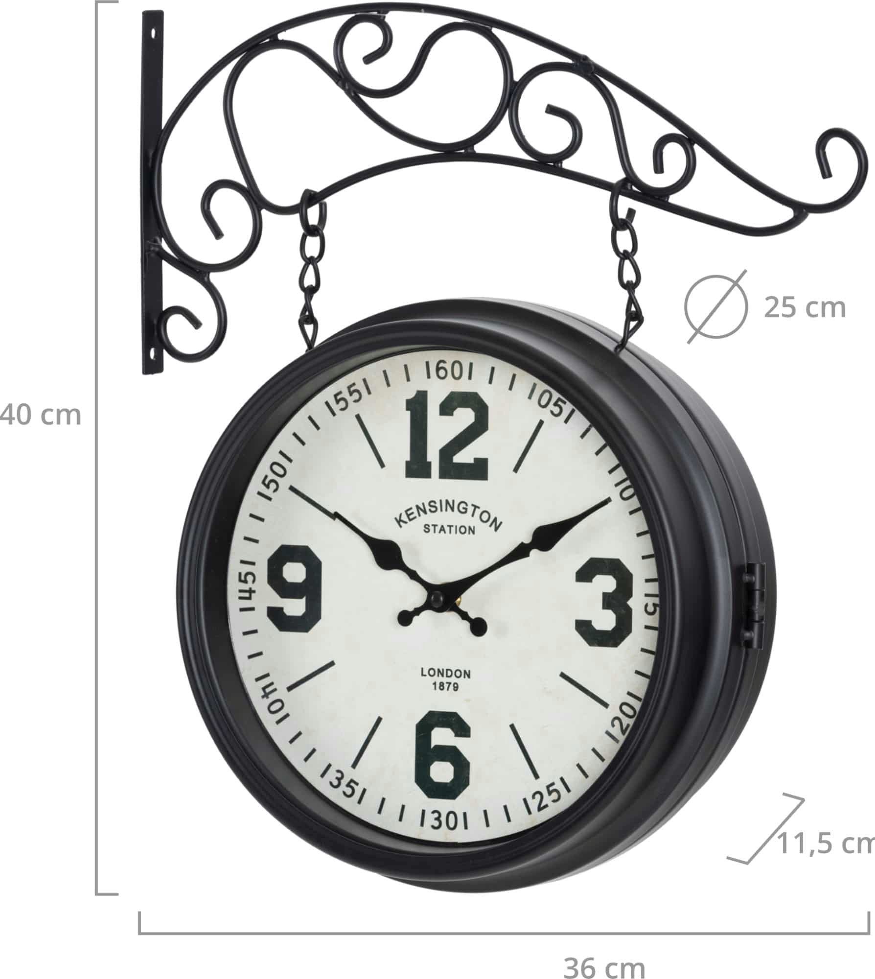 Stagecaptain Wanduhr BHU-4136 BK Bahnhofsuhr groß mit Wandhalterung im Vintage-Look (doppelseitiges Ziffernblatt & Quarzlaufwerk, Retro Metallkonstruktion)
