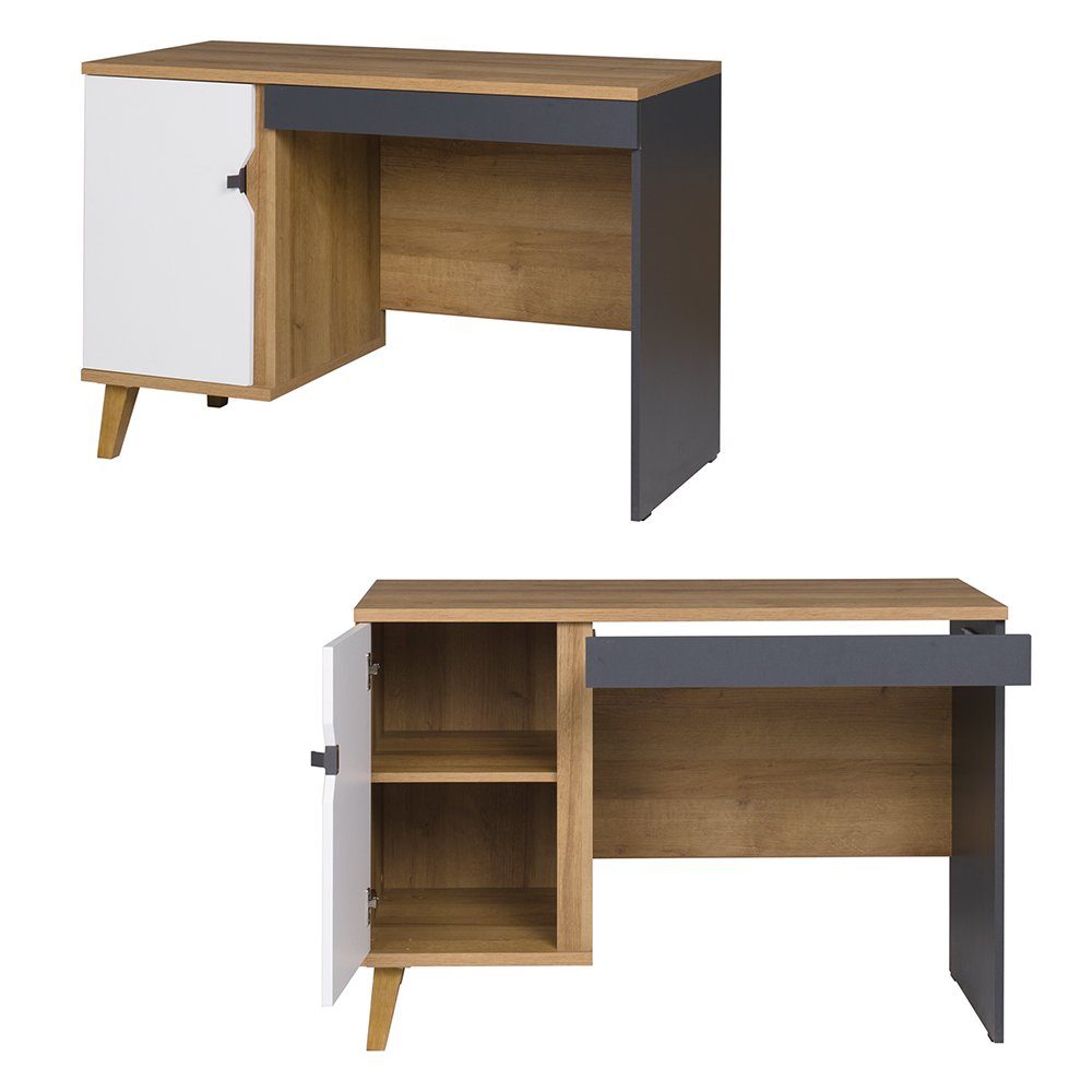 Lomadox Jugendzimmer-Set MARIBOR-132, (Sparset, 4-tlg), Kleiderschrank Eiche Kommode weiß Wandboard Schreibtisch graphit