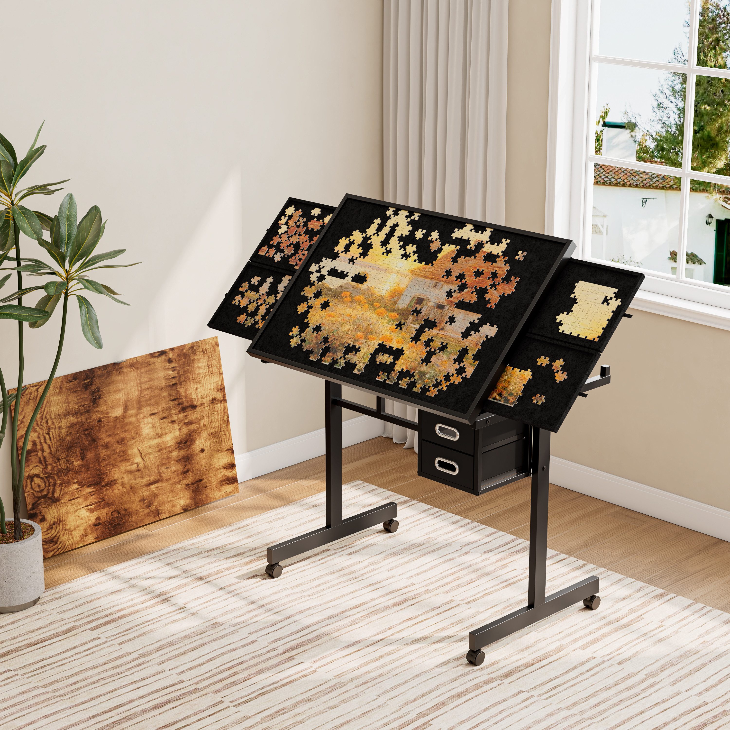 MODFU Puzzleunterlage Hobbytisch mit 4 Schalen und 2 Schubladen, (1, 1-tlg., 90x79x60 cm, Schwarz), für Erwachsene, Metallplatte, 1000 Teile