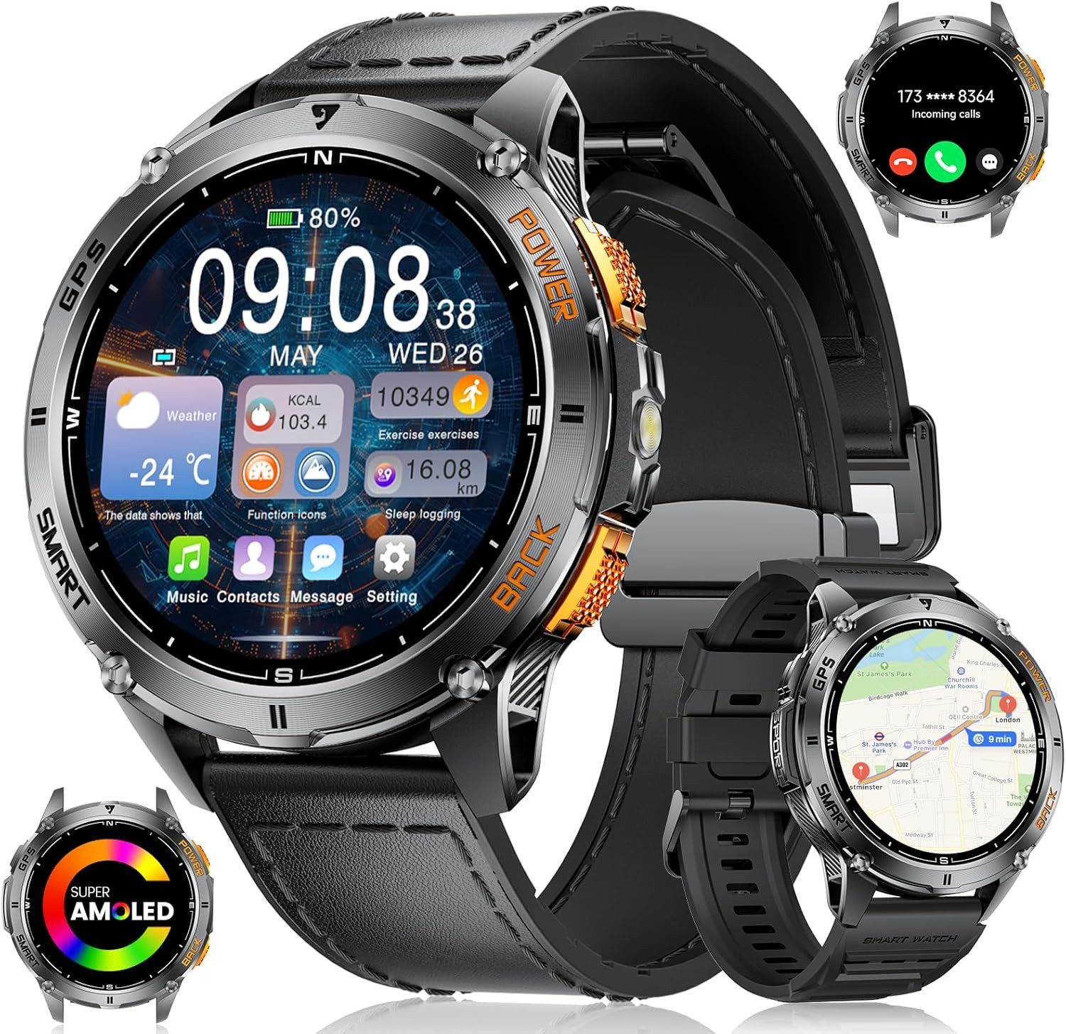 Lige Herren"s GPS Sportuhr; mit AMOLED Display, 110+ Modi & IP68 Schutz Smartwatch (3,6 cm, Android iOS), mit Integriertes LED Taschenlampe Barometerdruck/Höhenmesser/Kompass