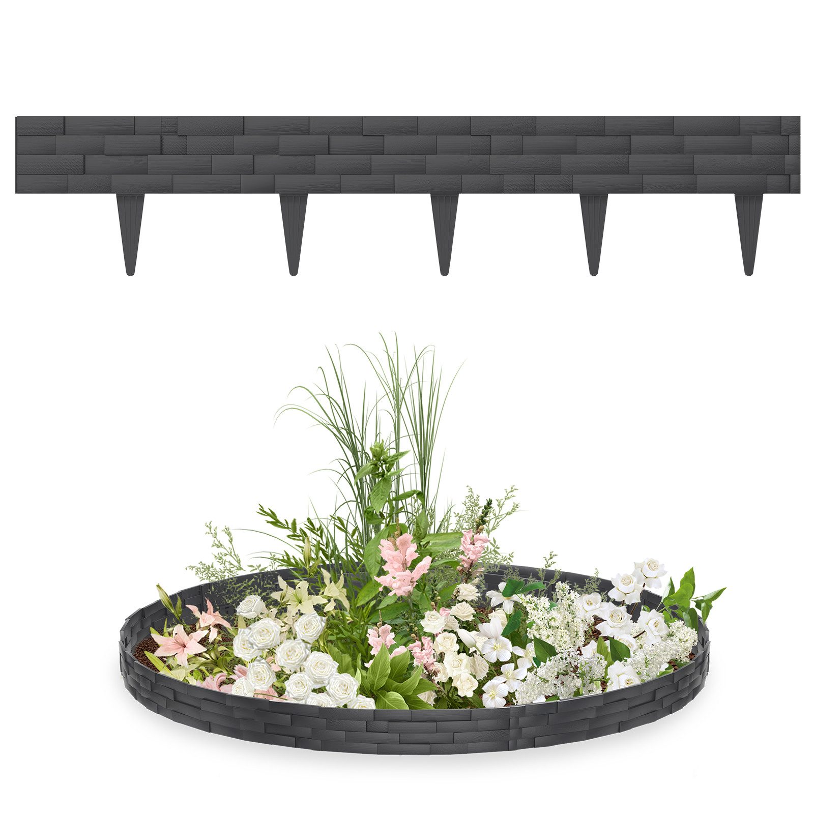 FIVMEN Rasenkante Rasenkanten Kunststoff Beeteinfassung Beetumrandung 5m/10m, 5 stücke/10 stücke, in Kunststeinfliese Mähkante Anthrazit/Braun