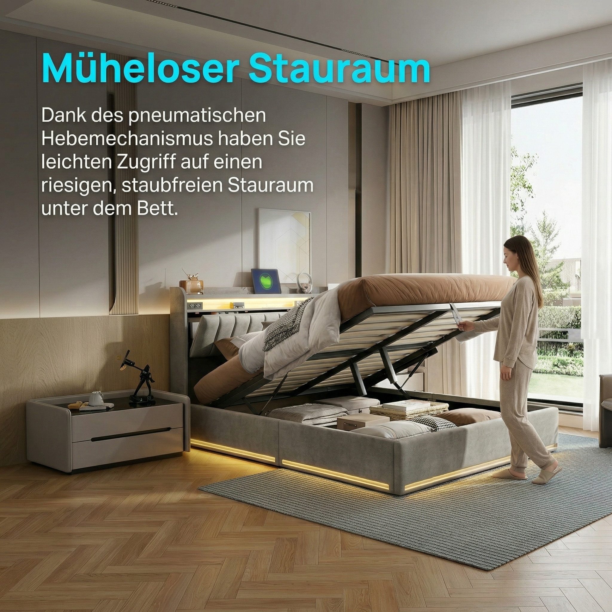 Simurq Polsterbett LED Stauraumbett 160x200 cm mit Bettkasten & USB-Anschluss (Set, 1-tlg) (Doppelbett 160x200 cm mit Lattenrost,ohne Matratze), Hydraulikbett,Jugendbett,LED-Bett, Bettgestell 160x200