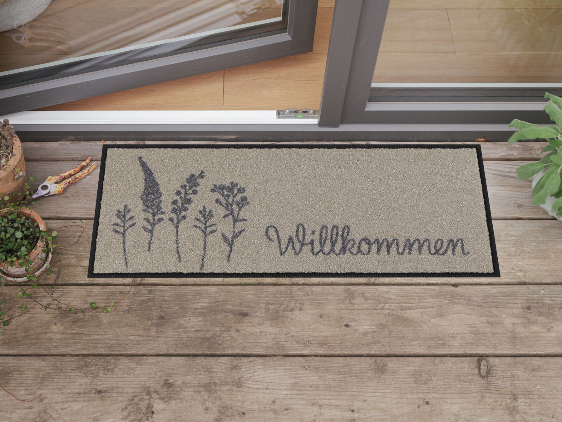 Salonloewe Fußmatte Fußabtreter klein 30x75 Willkommen Wiese grau, Läufer M günstig online kaufen