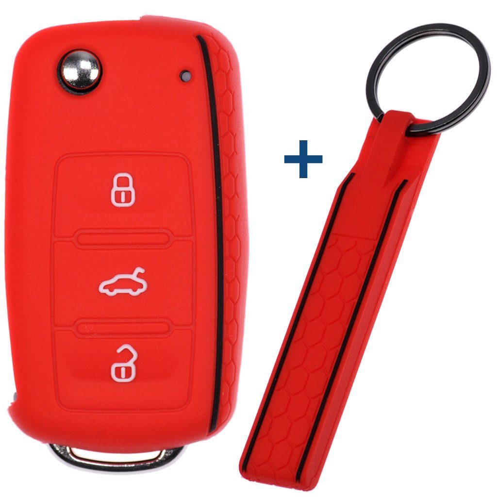 mt-key Schlüsseltasche Autoschlüssel Silikon Schutzhülle mit passendem Schlüsselband, für VW SEAT Skoda Golf 6 Octavia UP Leon ab 11/2009 3 Tasten Rot