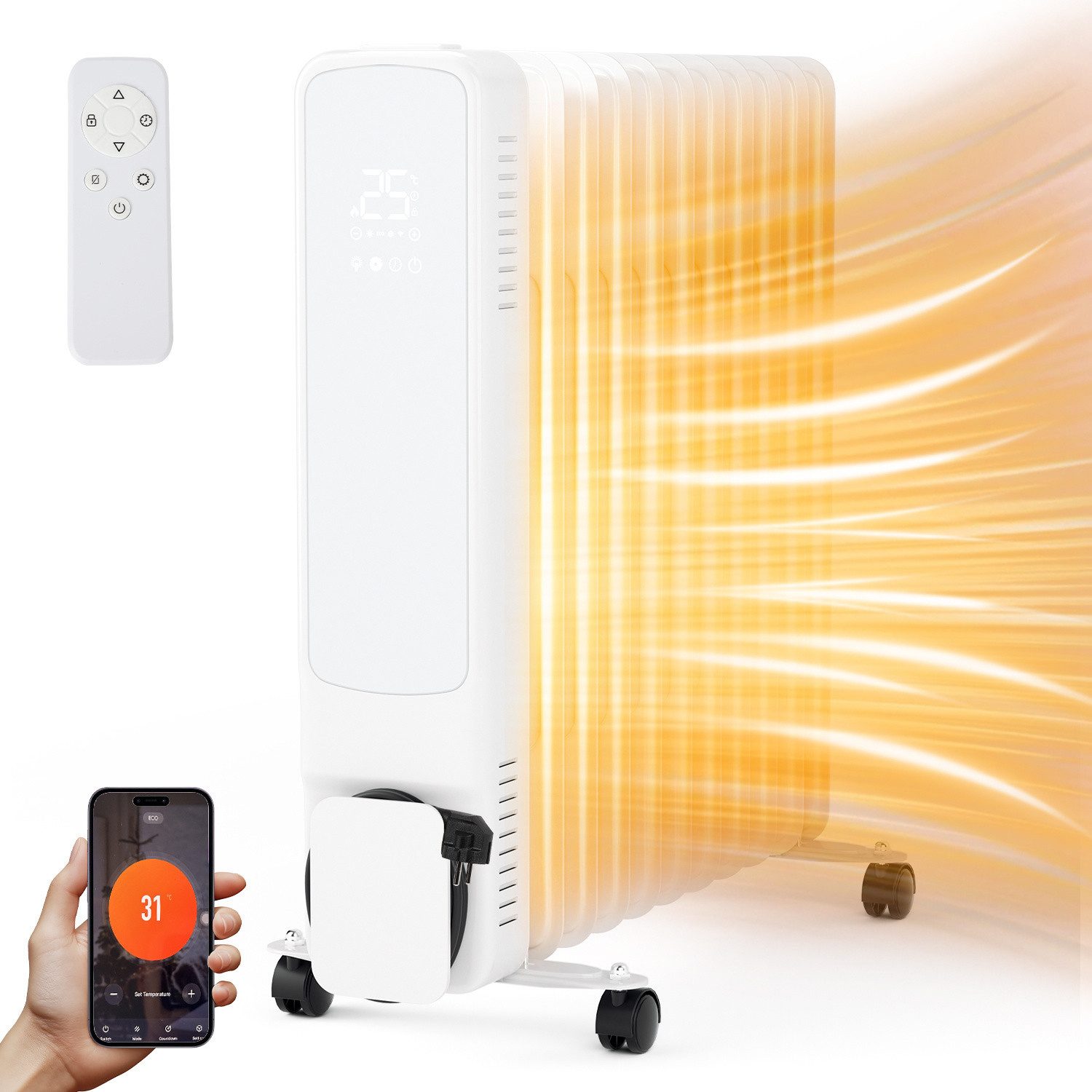 Clanmacy Ölradiator 2500W 11 Rippen mit LCD-Display WiFi Mobil Öl Radiator Heizung Weiß, 2500 W