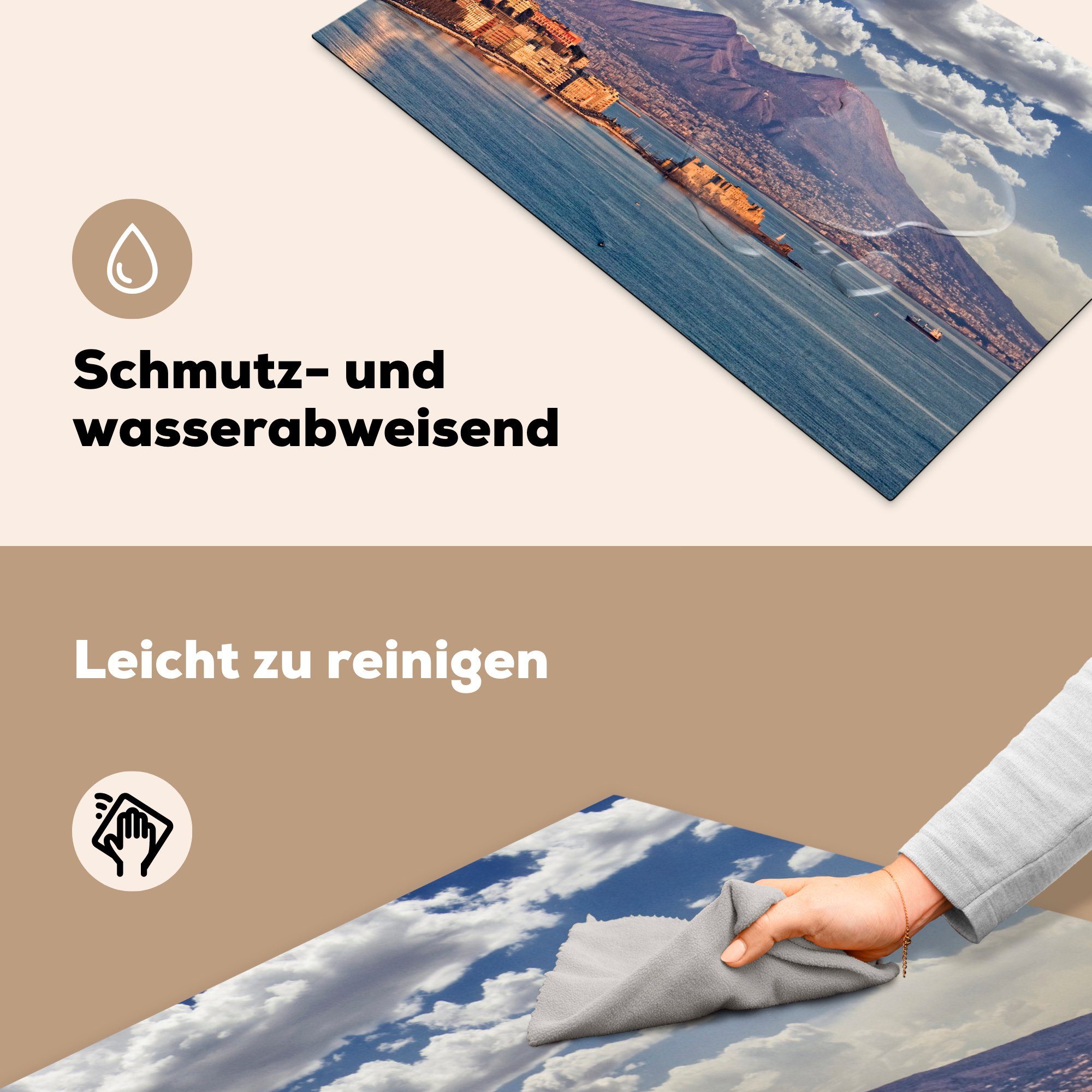 für Arbeitsplatte cm, MuchoWow vom küche Herdblende-/Abdeckplatte Italien Vinyl, in Der Ceranfeldabdeckung, Wasser tlg), aus, (1 83x51 Vesuv