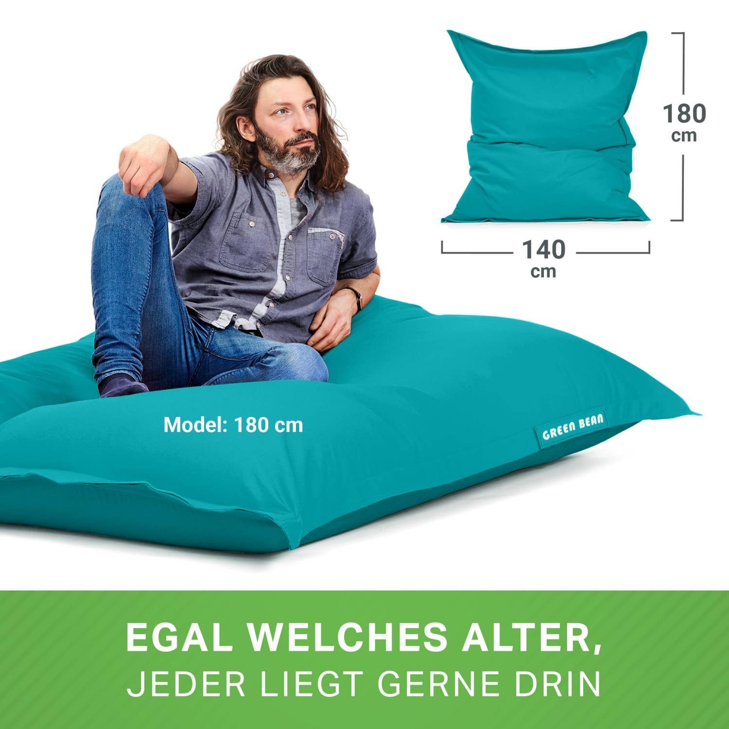 Green Bean Sitzsack XXL Outdoor Sitzsack Square 140x180cm (XXL Riesensitzsack 140x180cm 380 Liter Kinder & Erwachsene Bean Bag EPS Perlen Füllung, Groß Draußen  – Bild 5 von 5