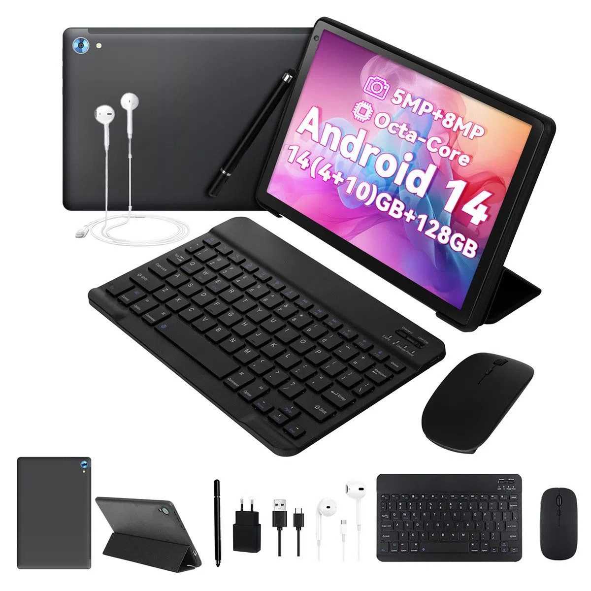 10 Zoll 128GB 8-in-1 Kit mit Tastatur, Stift und Hülle Set Android 14 Tablet