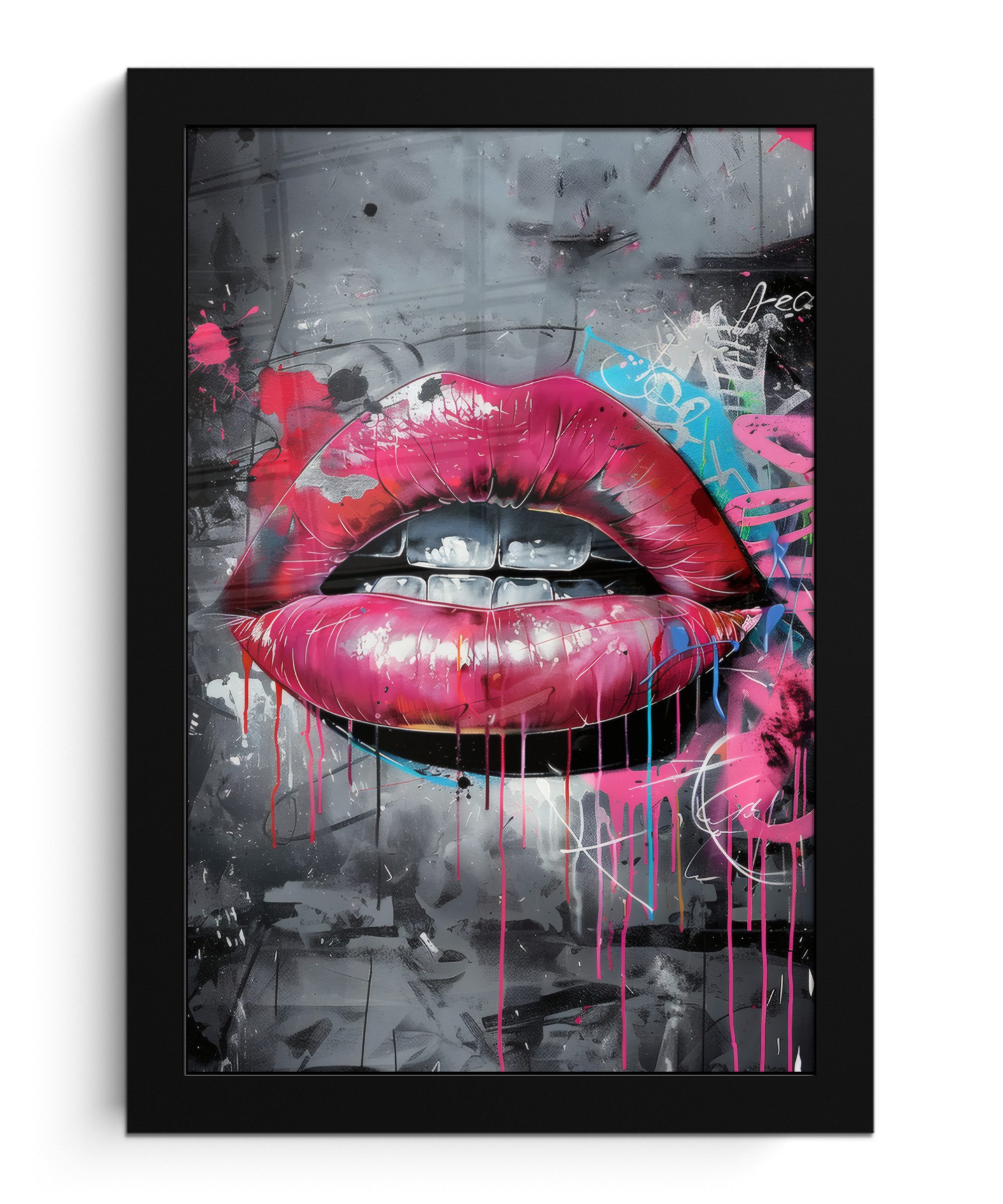 Poster Lippen - Leuchtendes Rosa - Graffiti - Farbstreifen