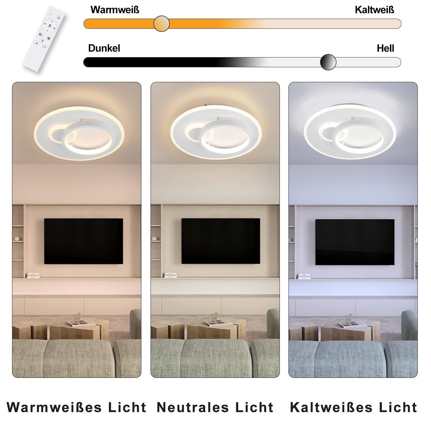 Deckelampe Fernbedienung fest Modern, LED Wohnzimmer für mit Dimmbar 33W Weiß Deckenleuchte Schwarz Esszimmer 3000-6500K, integriert, Nettlife Schlafzimmer LED