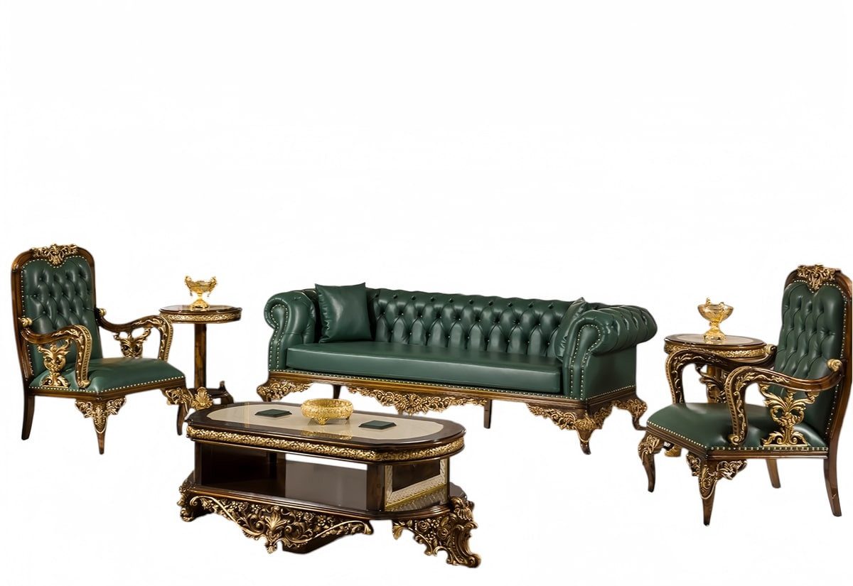 JVmoebel Büromöbel-Set Chesterfield Sofa Art Déco Grün Leder mit Beistelltischen, (6-tlg., Sofa 3 Sitzer, 2x Sessel, Couchtisch, 2x Beistelltisch), Made in Europe