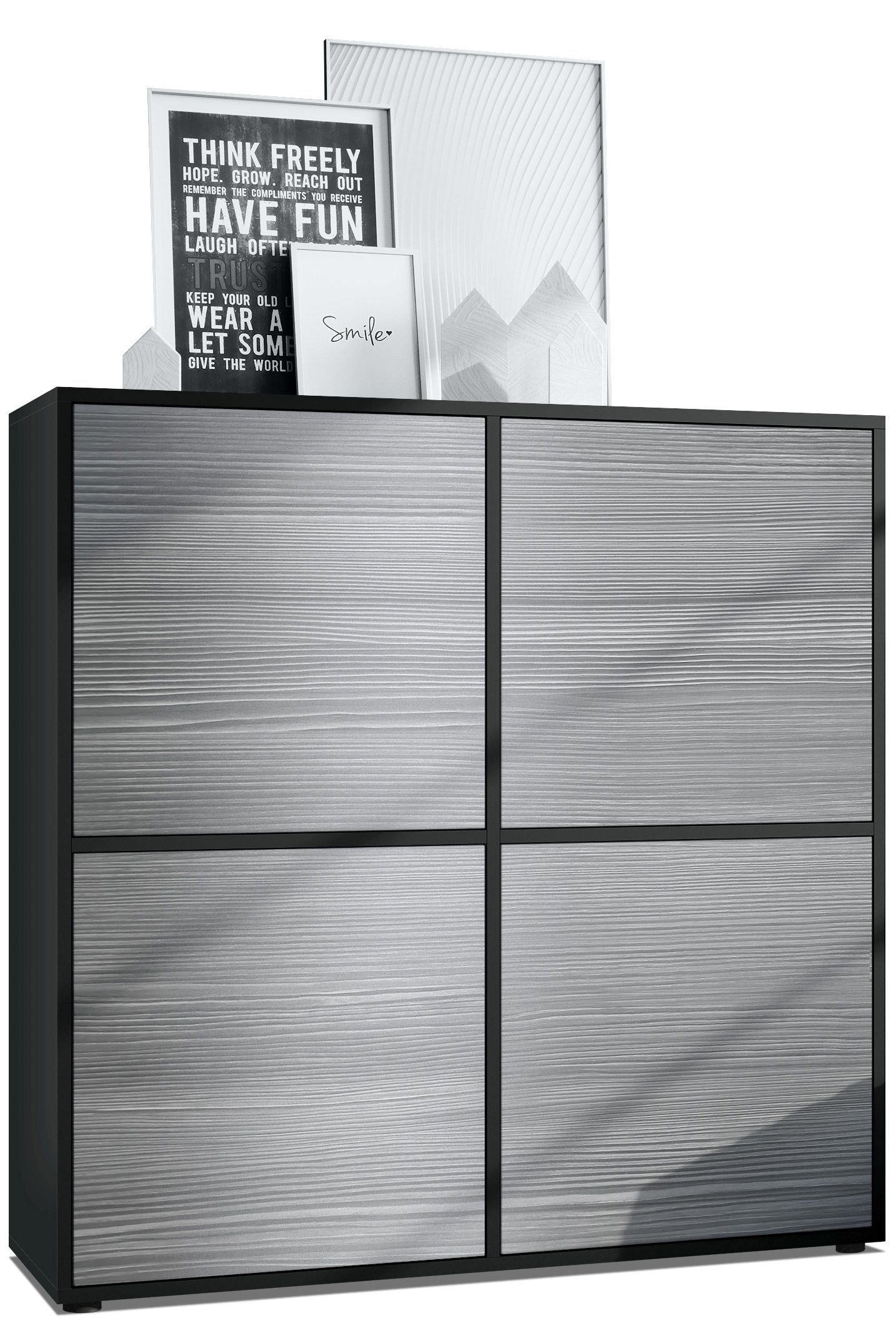 Vladon Highboard Cuba (Schrank, 104 x 105,5 x 35,5 cm Sideboard mit 8 Fächern), Korpus in Schwarz matt / Fronten in Avola-Anthrazit