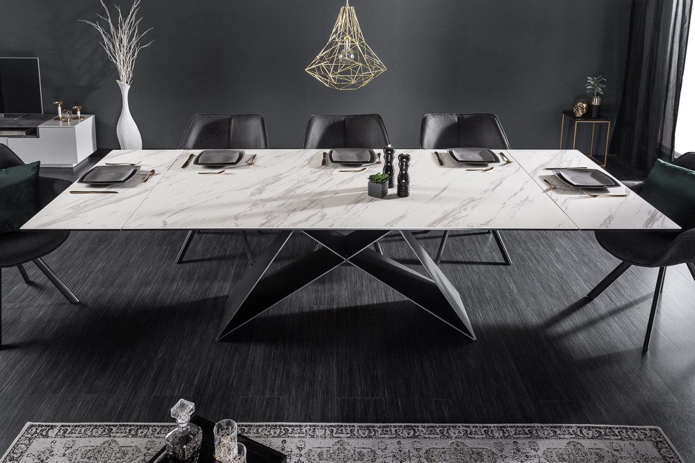 riess-ambiente Esstisch PROMETHEUS 180-220-260cm weiß – Keramik made in Italy, Marmor-Design (Einzelartikel, 1-St), 3-stufig ausziehbar & Metall-Gestell – ideal für bis zu 12 Personen