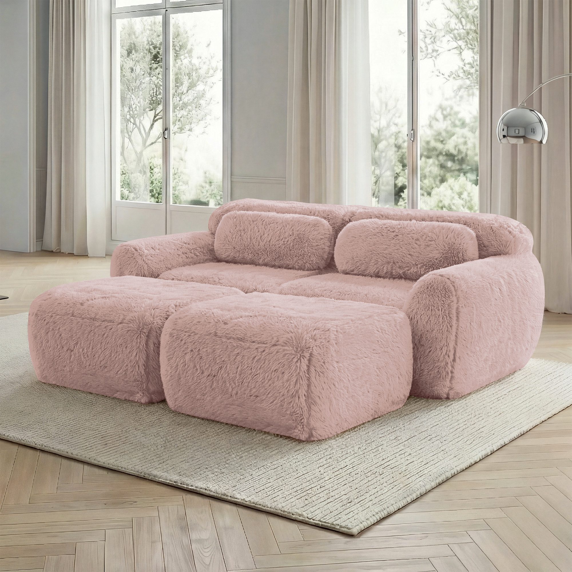 Odikalo Sofa Ecksofa Schlafsofa Modulares Sofa, Plüschstoff, Boneless Cloud Sofas, Weicher Flauschplüsch-Stoff, Modulares Schlafsofa mit 2 Ottomans, Zweisitzer-Sofas, Montagefrei, Bequemes Sofa für Wohnzimmer
