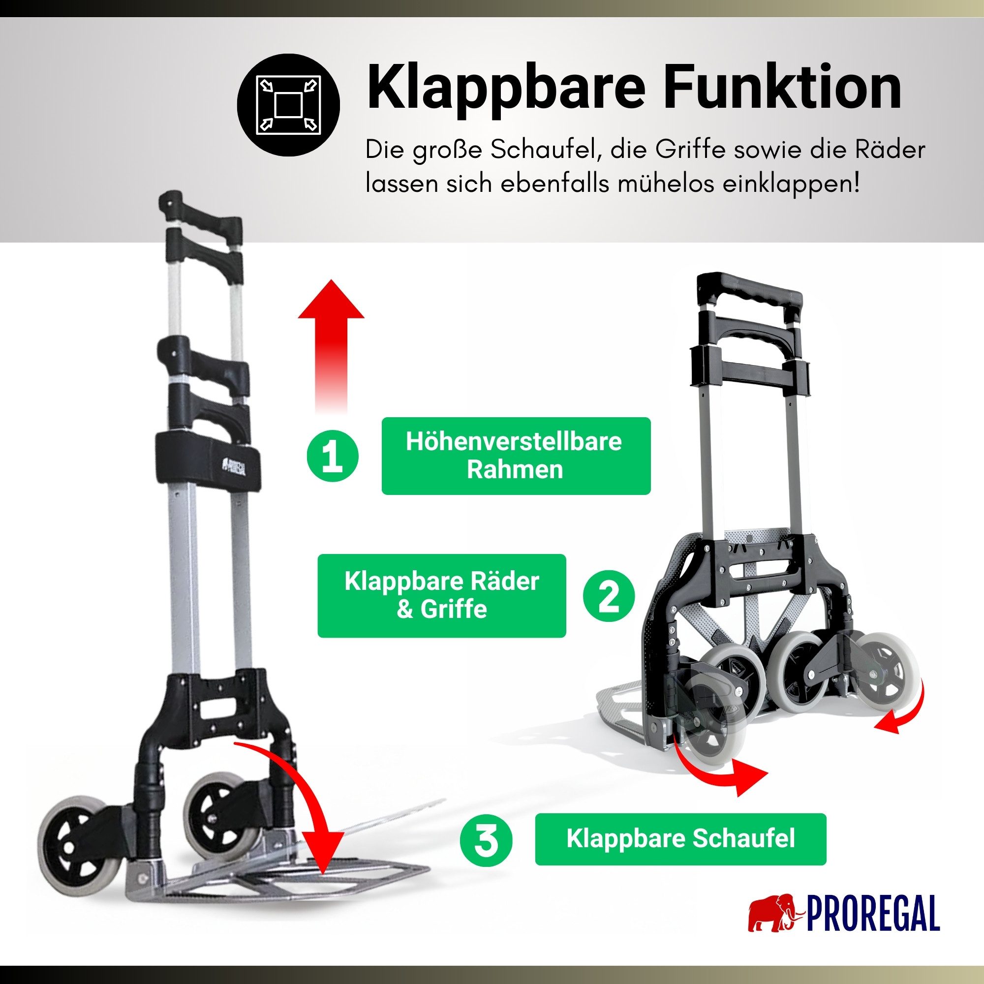 PROREGAL® Sackkarre ELEPHANT mit Profi-Alu-Rahmen klappbar ergonomisch Vollgummibereifung, Klappbare Sackkarre Transportkarre Staplerkarre hohe Traglast – Bild 5 von 5