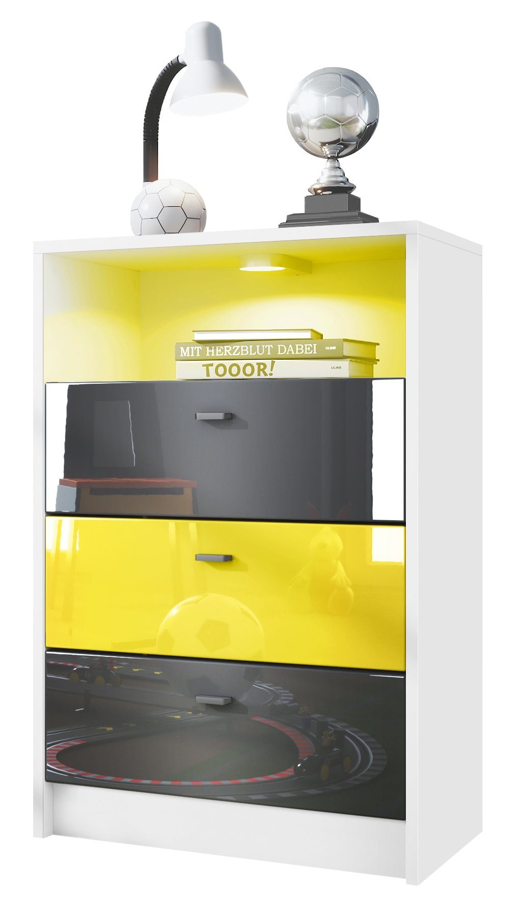 Vladon Kommode Pino V2 (Anrichte, mit 3 Schubladen inkl. RGB LED Beleuchtung), Fußball Dortmund - Schwarz, Gelb & Schwarz glänzend (56x86,5x36 cm)