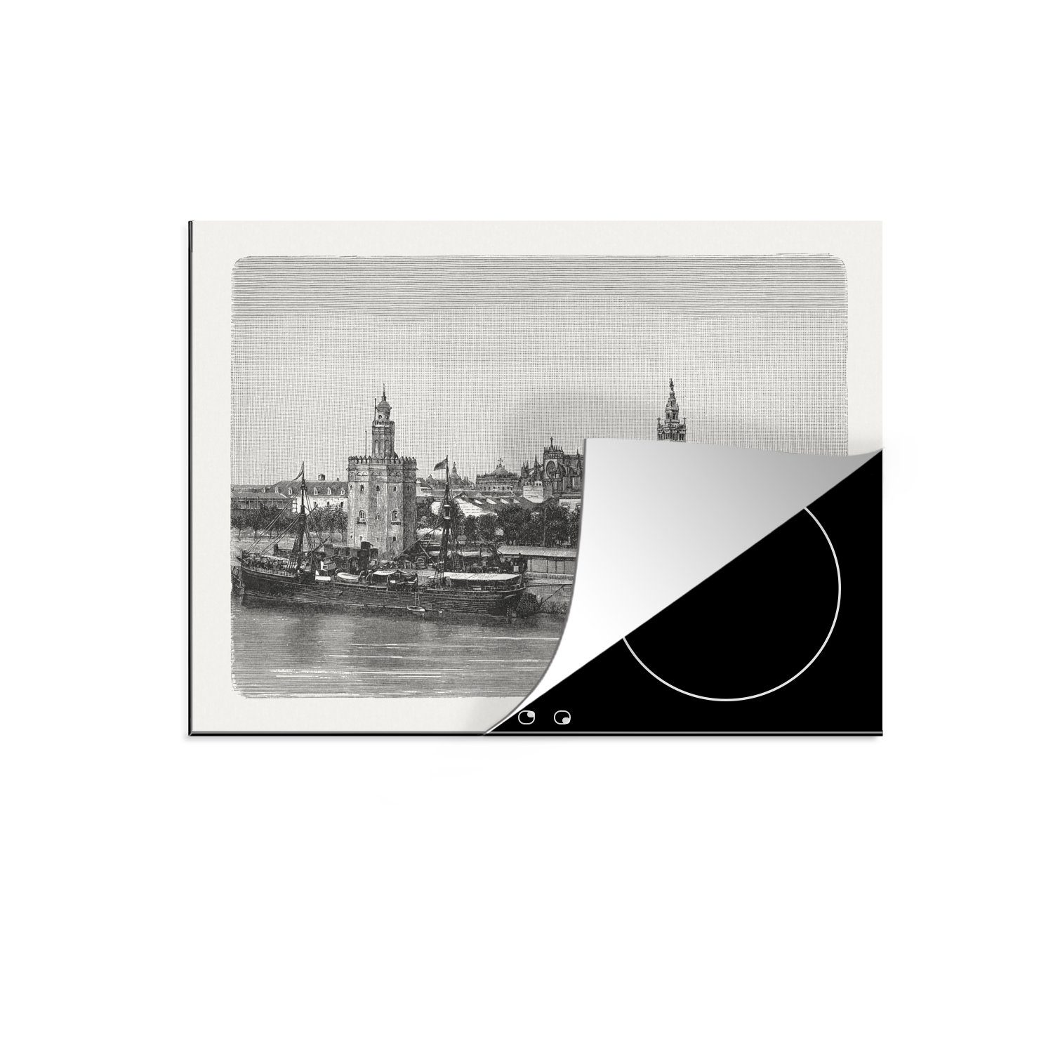 MuchoWow Herdblende-/Abdeckplatte Illustration eines Blicks Stadt tlg), spanische Ceranfeldabdeckung die (1 nutzbar, Arbeitsfläche Mobile auf cm, 70x52 Sevilla, Vinyl