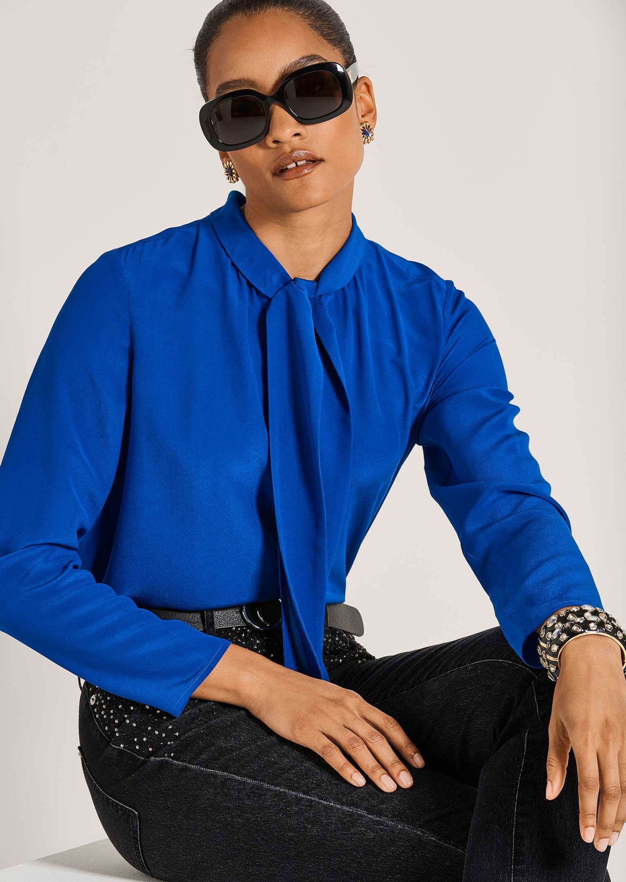 MADELEINE Langarmbluse Elegante Bluse mit V-Ausschnitt V-Ausschnitt mit langer Schluppe, Langarm