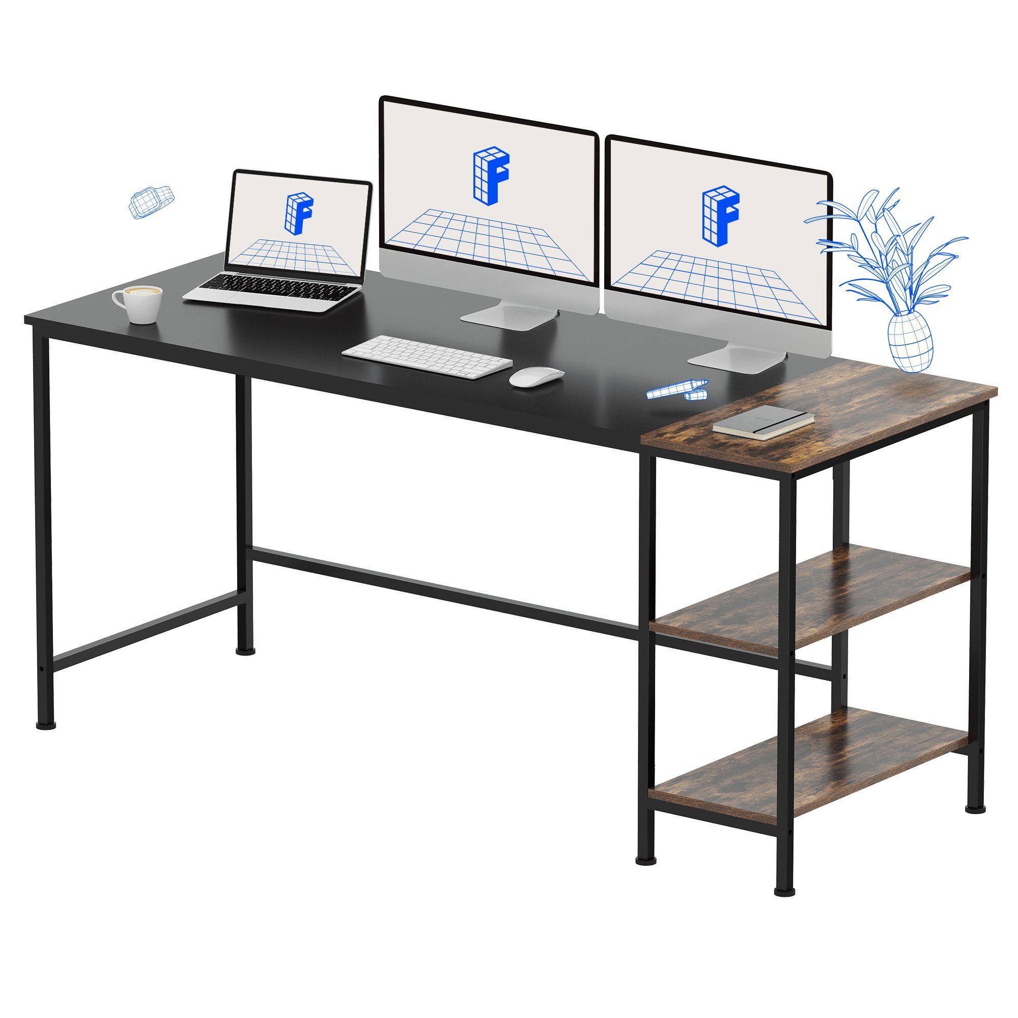 FLEXISPOT Schreibtisch Basic F4 (Home Office PC-Tisch), 2 Tier Lagerregalen, Schreibtisch mit Bücherregal