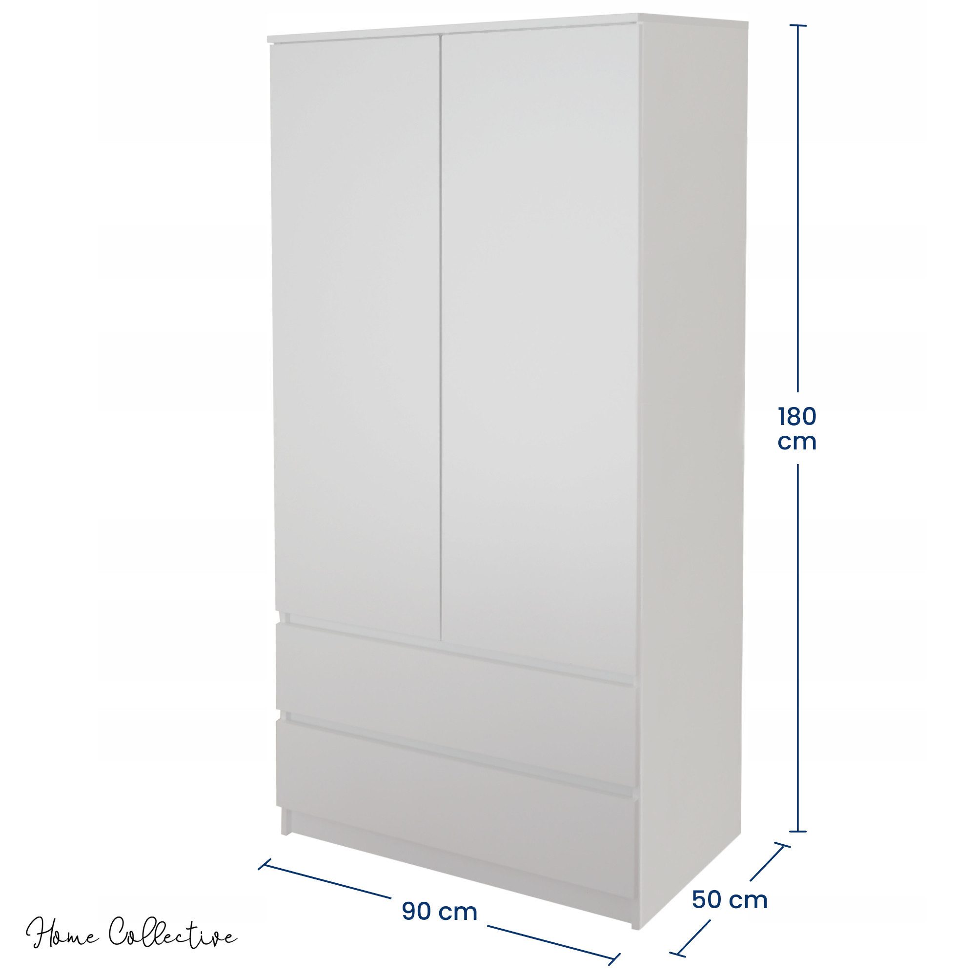 Home Collective Kleiderschrank Schrank 90cm breit mit 2 Schubladen, 3 Einlegeböden und Kleiderstange (Haushaltsschrank Schrank Organizer für Schlafzimmer Flur Keller Büro) robust & vielseitig viel Stauraum 90x50x180 (BxTxH) weiß