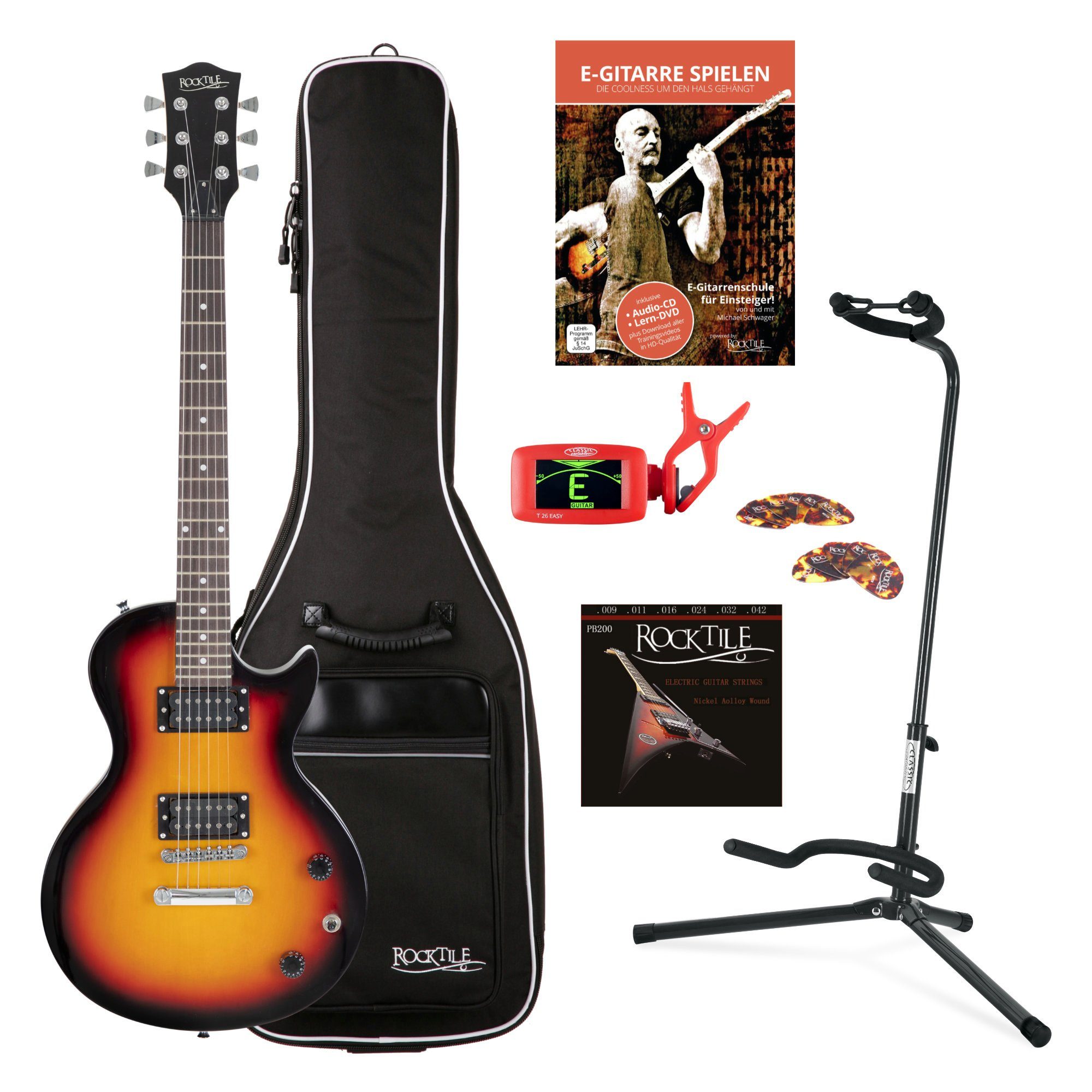 Rocktile E-Gitarre LP-100 elektrische Gitarre Set 4/4, inkl. Gigbag,  Ständer, Saiten, Tuner, Plektren