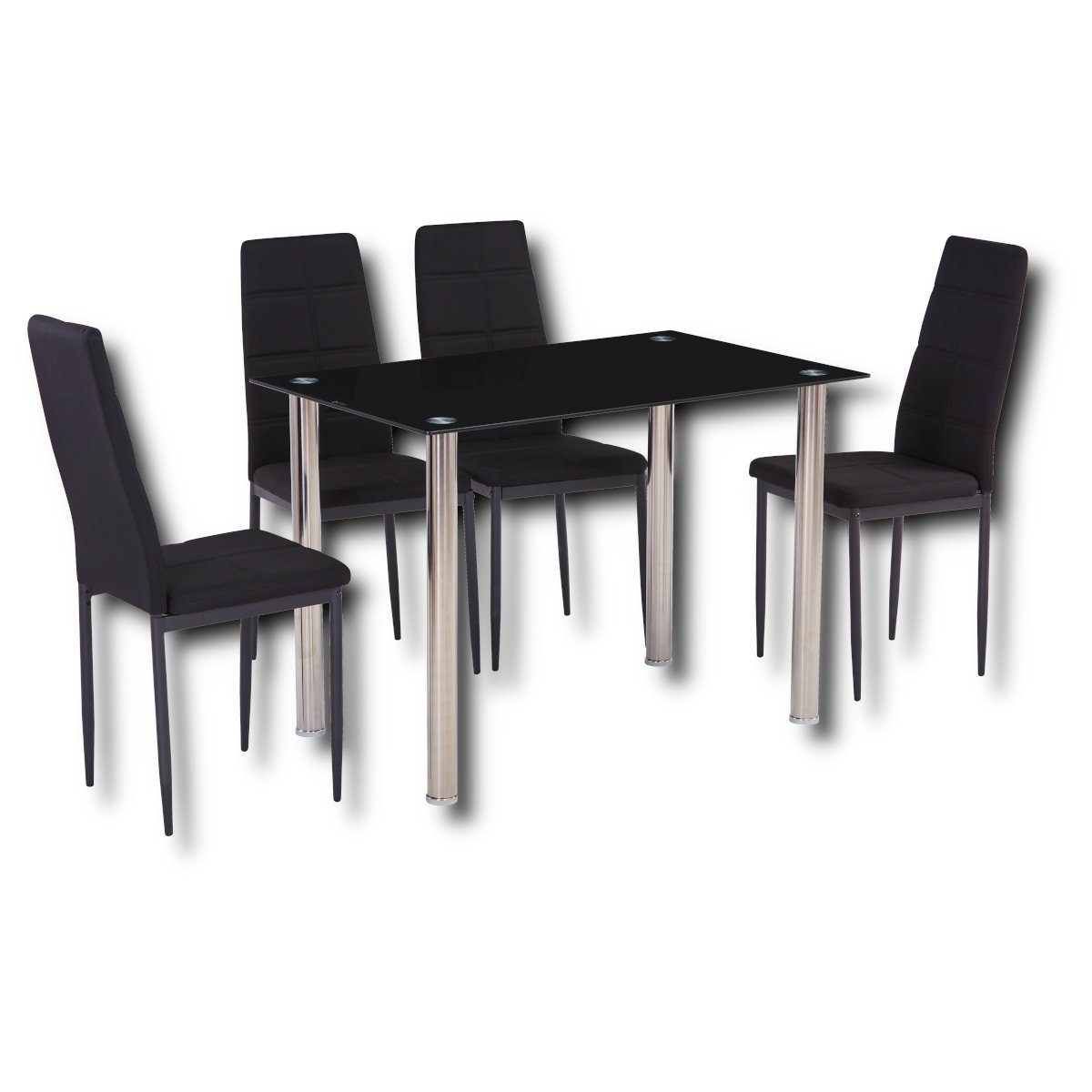 HOOZ Essgruppe fürs Esszimmer, Küche und Wohnzimmer Tischplatte 6 mm Sicherheitsglas, (Set, 5-tlg., Tisch mit 4 Stühlen), Tischplatte schwarz, Bezug Stühle schwarz