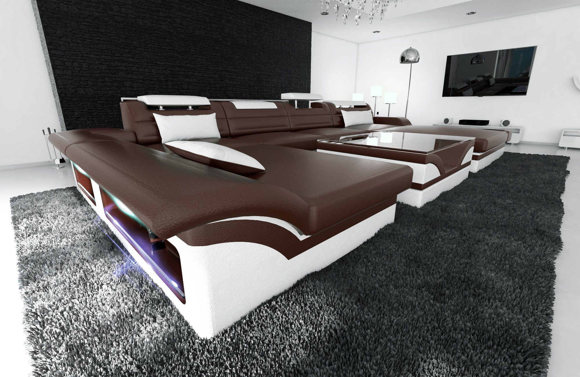 Sofa Dreams Wohnlandschaft Monza U Form Leder Sofa, Couch, mit USB-Anschluss, LED-Beleuchtung, Ausrichtung der Ottomane wählbar