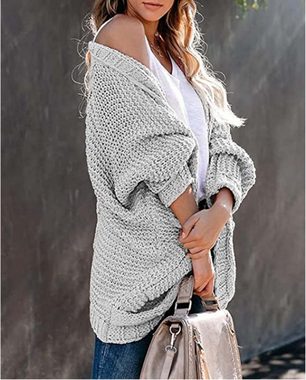 KIKI Cardigan Strickjacke Damen Lange Open Front Sweater mit Tasche Grobstrickjacke