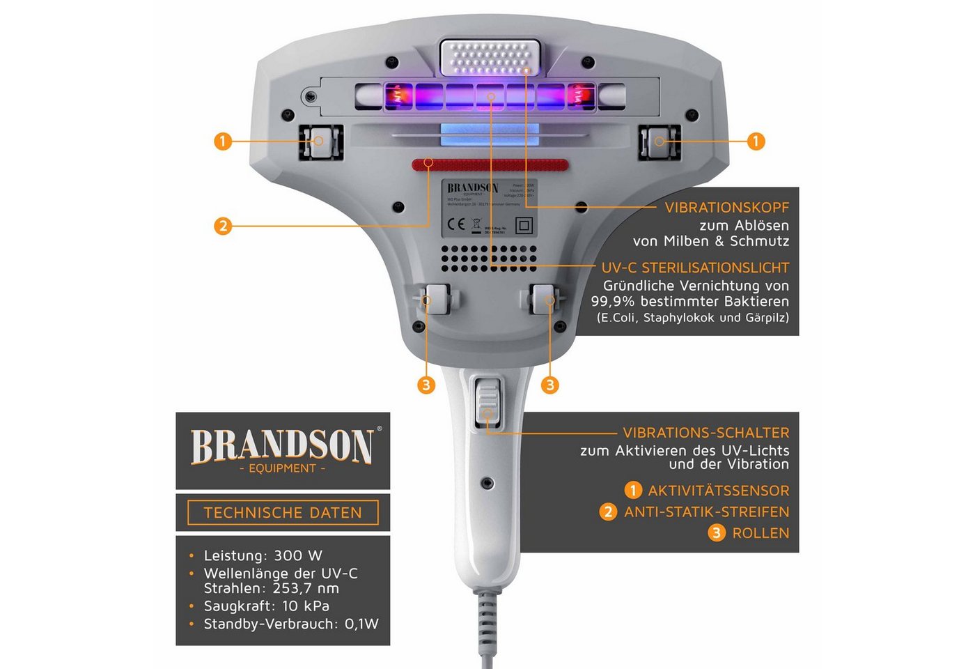 Brandson Matratzenreinigungsgerät Milbenstaubsauger, UV Sterilisation, Milbensauger, Sterilisationslicht, 300 W, beutellos, Matratzensauger für Allergiker, desinfiziert Betten, Polstermöbel uvm.