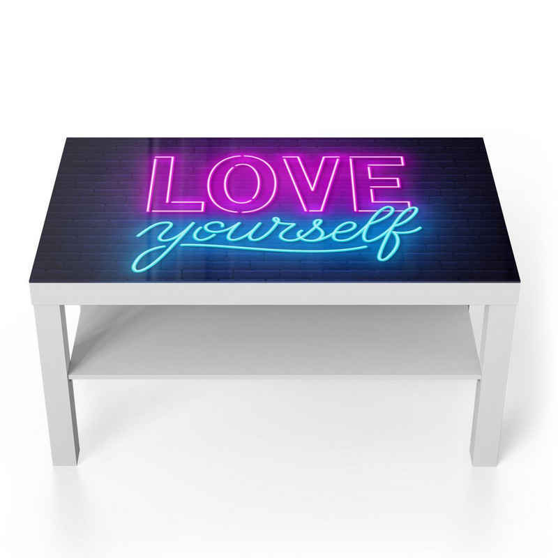 DEQORI Couchtisch 'Neonschrift Selbstliebe', Glas Beistelltisch Glastisch modern