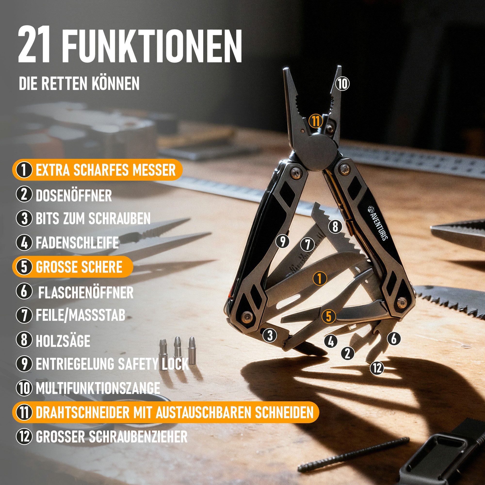 AVENTURIS Multitool T12 aus Edelstahl mit 21 Funktionen! Perfektes Outdoor Camping Zubehör, (1 St), Edelstahl