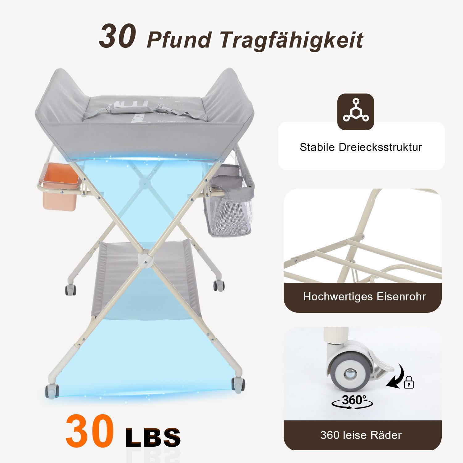 oyajia changing table changing mat Mulde chest of drawers changing compartment Baby child (mobile, with wrap attachment, made of metal Oxford fabric), height adjustable, waterproof, storage compartment, With brake