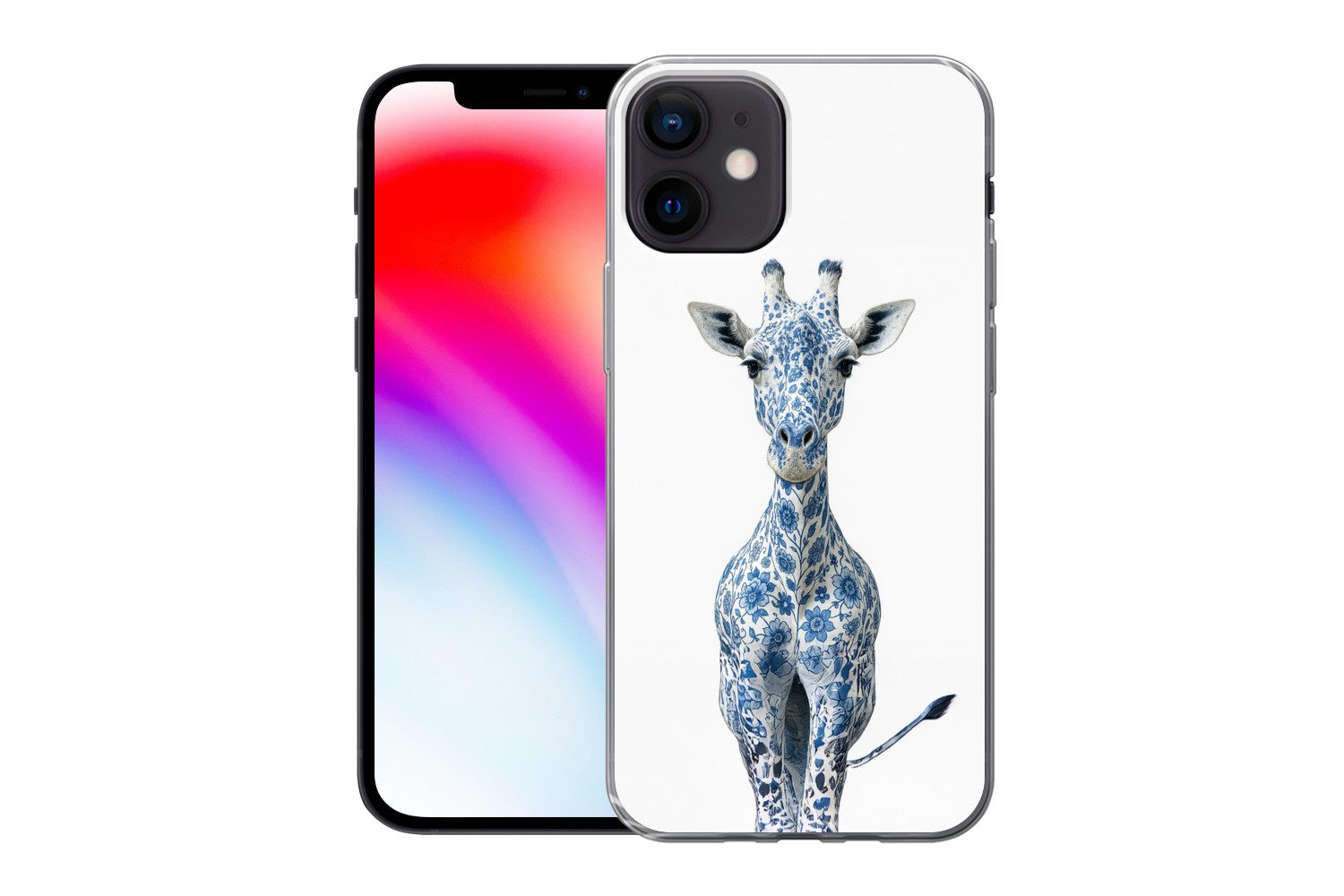 MuchoWow Handyhülle für Apple iPhone 12 Giraffe - Delfter Blau - Tiere - Minimalistisch, Smartphone-Bumper, Print, Handy Schutzhülle Dünn