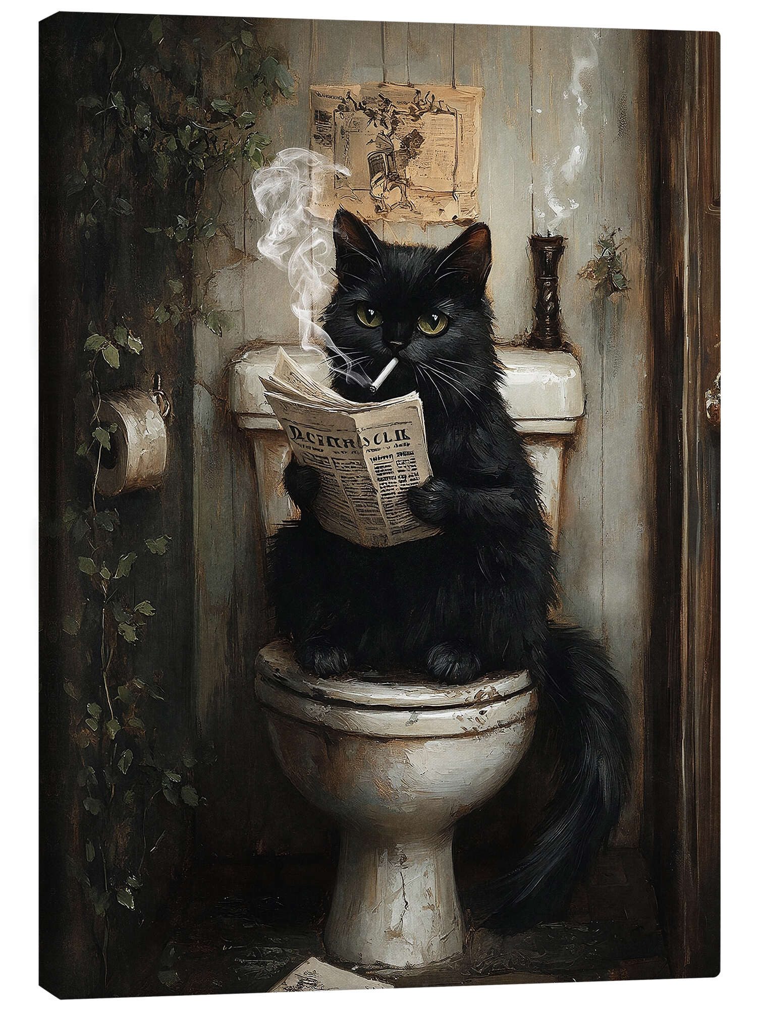 Posterlounge Wandbild Rauchende Katze liest Zeitung auf Toilette, Olga Telnova, erhältlich als Poster, Leinwandbild, Wandsticker oder Acrylglasbild