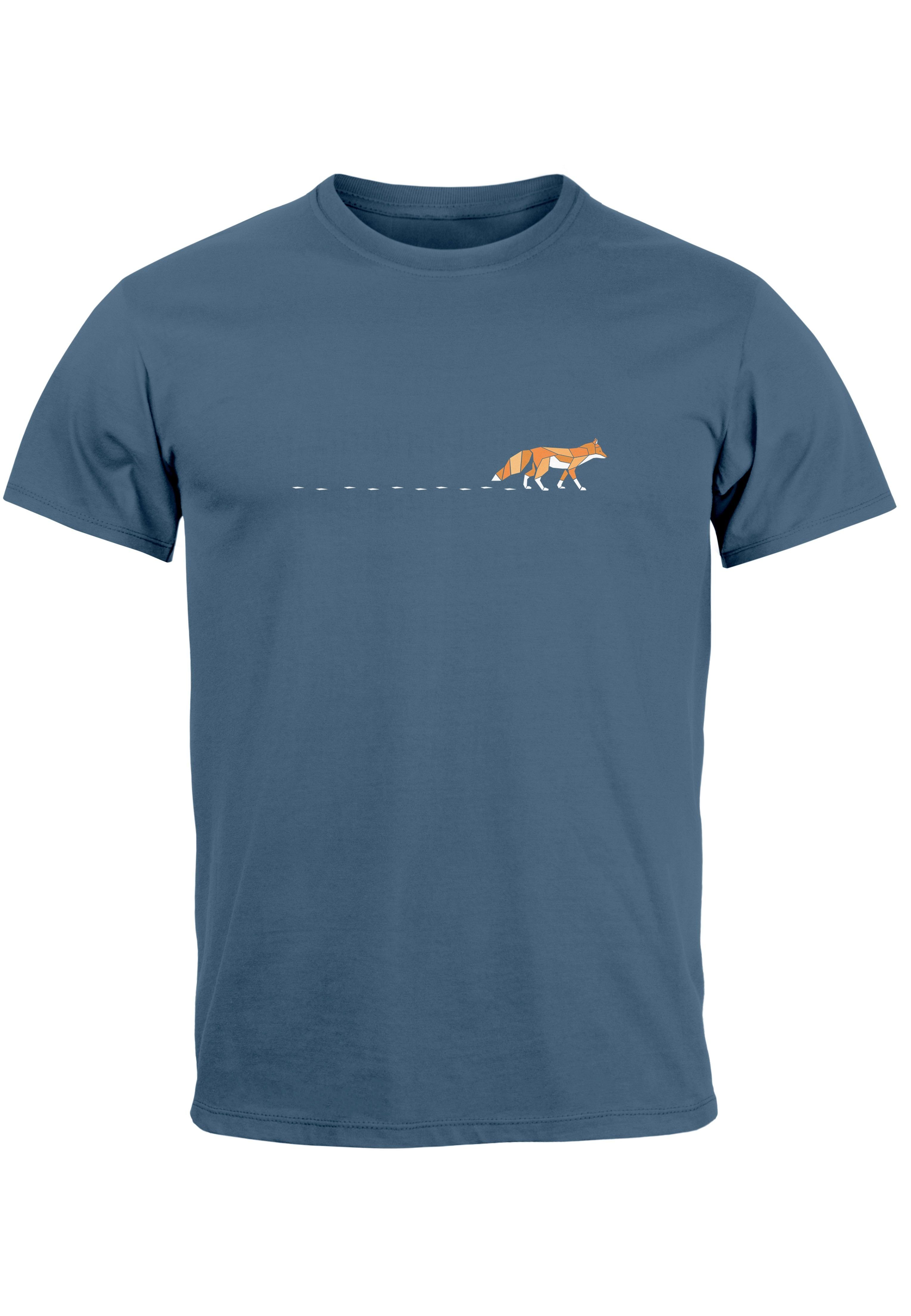 Neverless Print-Shirt Herren T-Shirt Fuchs Fox Wald Tiermotiv Logo Print Badge Fashion Stree mit Print denim blue