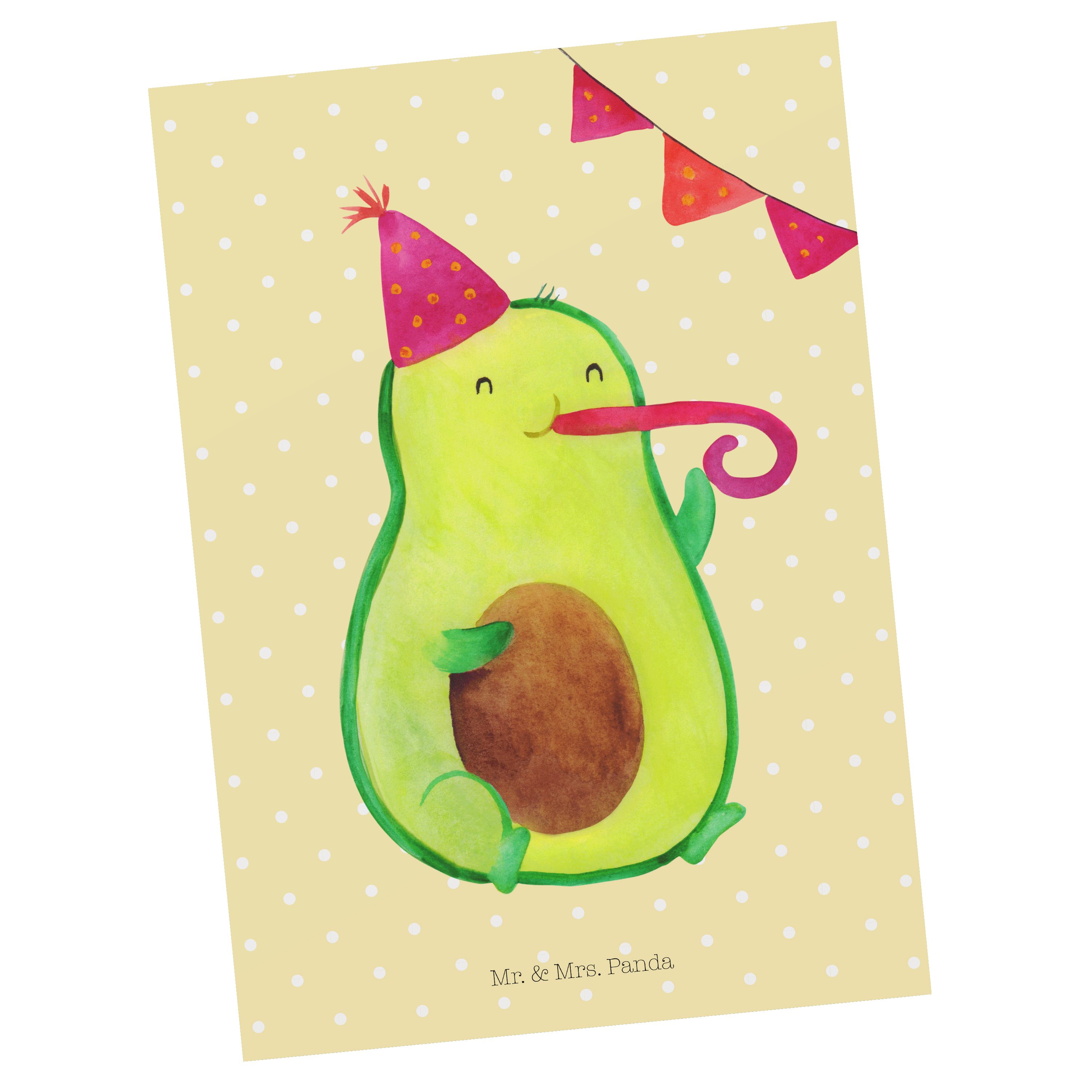 Mr. & Mrs. Panda Postkarte Avocado Party - Gelb Pastell - Geschenk, Lieblingstag, Einladungskart