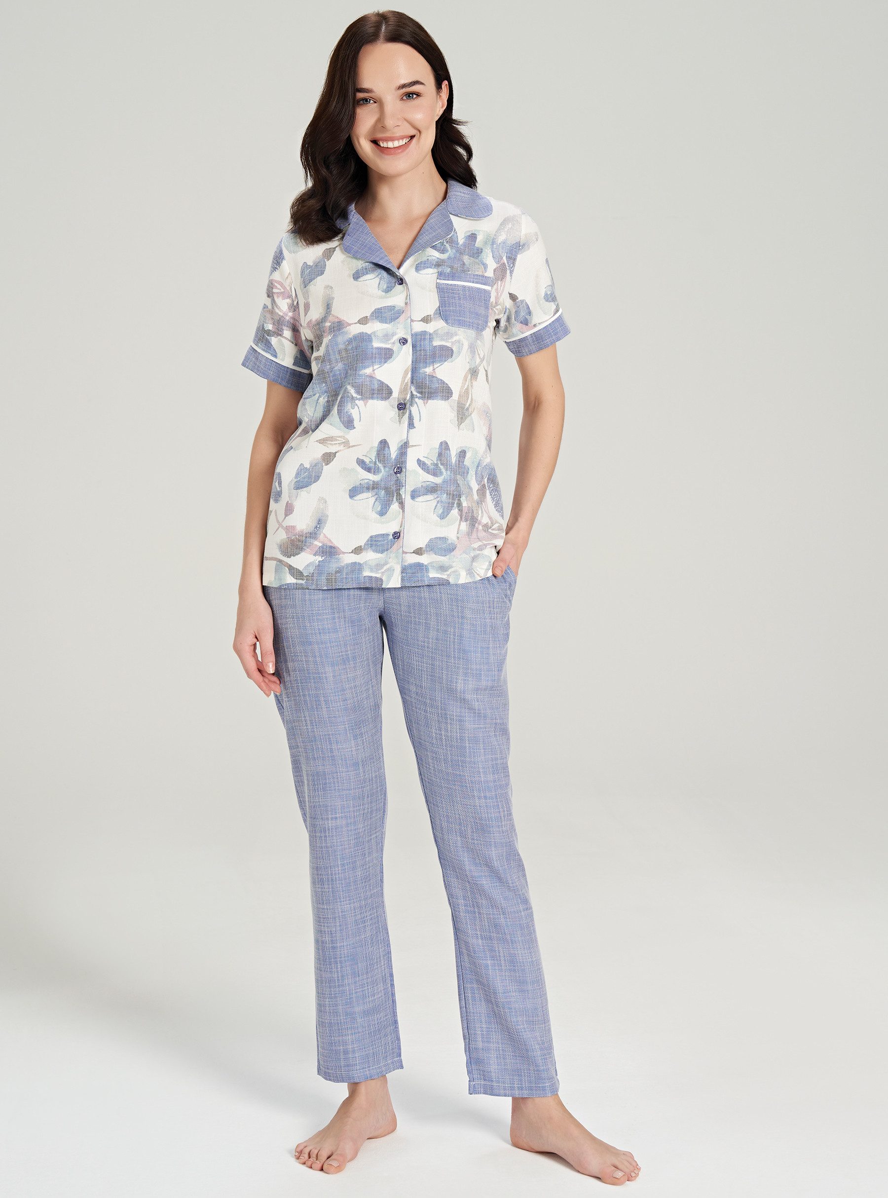 FEYZA Capri-Pyjama Damen Pyjama-Set aus Baumwolle mit Knöpfen und Blumenmuster