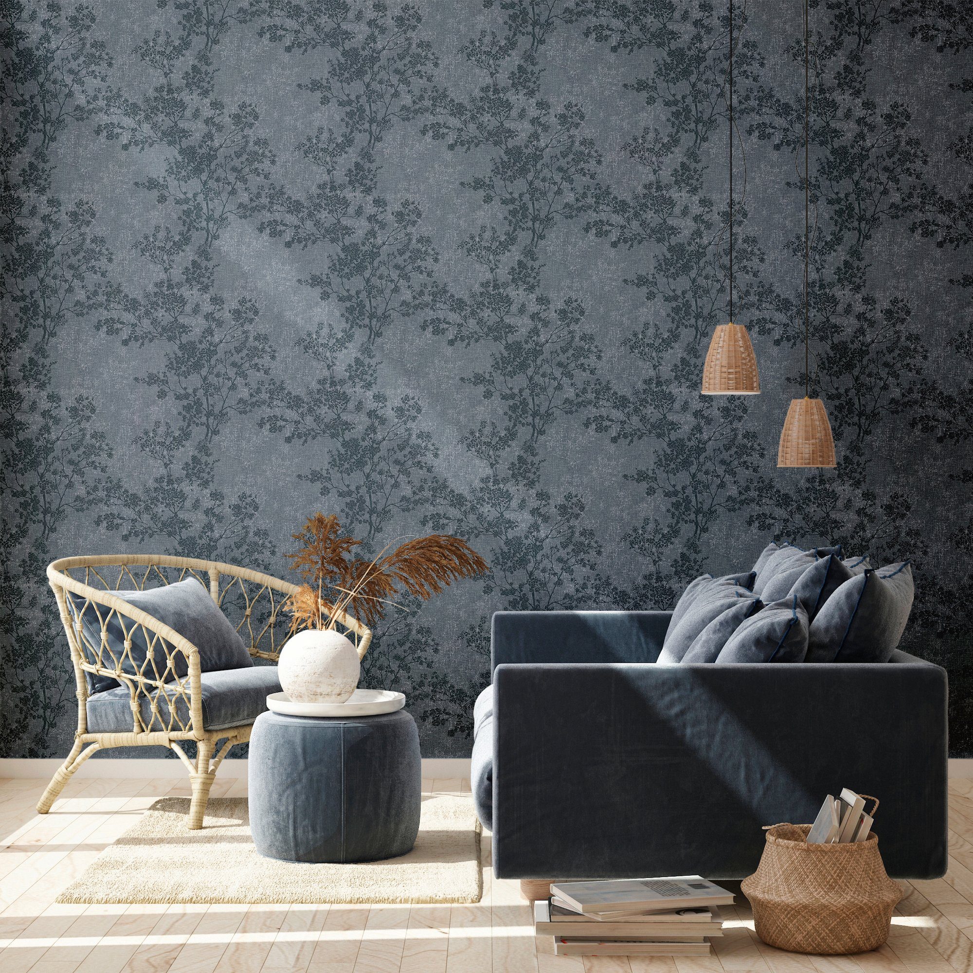 living walls Vliestapete New Walls blau Relax Tapete Wald Optik, & Ast Florale Cosy strukturiert, in floral