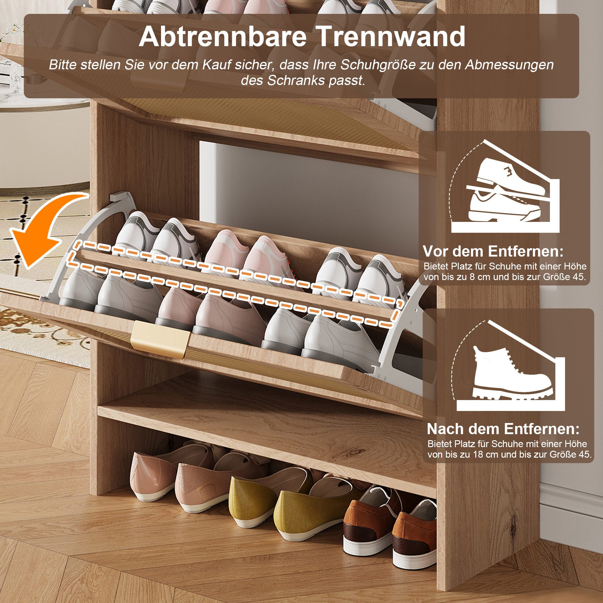 i@home Schuhkipper Schmal,Schuhregal, Holzwerkstoff Schuhschrank aus Rattan, mit 2 Klappenschubladen, 2 Schubladen,und Griffen, 65x25x106 cm, Natur