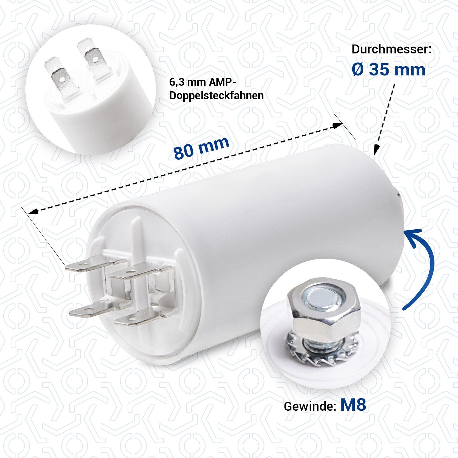 VIOKS Montagezubehör Kondensator CBB60 universal für elektrische Hausgeräte, 9,00µF 450V mit Steckfahnen