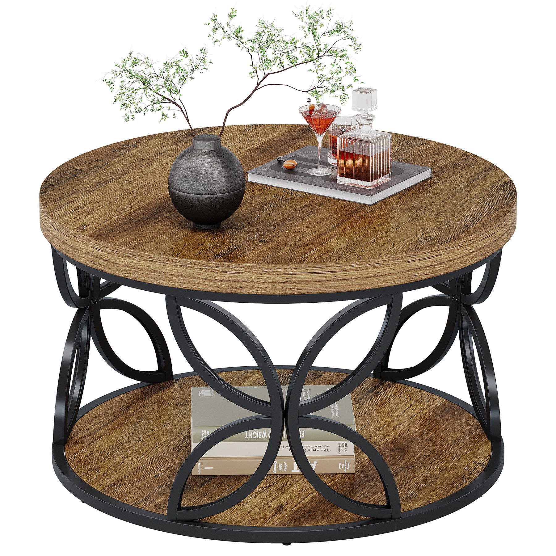 Tribesigns Couchtisch Rund 80 cm mit Stauraum, 2 Ebenen Wohnzimmertisch im Landhausstil (Runder Couchtisch mit Ablage), Sofatisch Holz Metall für Wohnzimmer, Büro