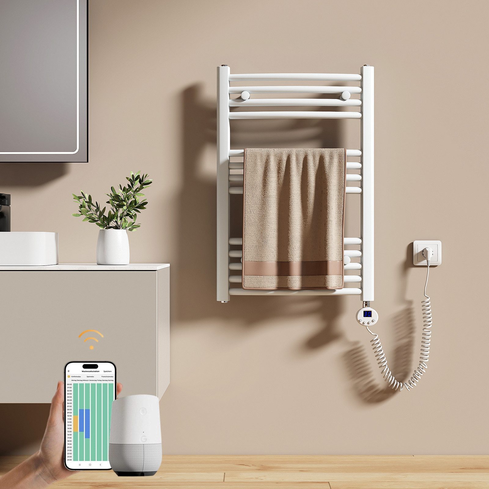 EMKE Elektrischer Badheizkörper Gebogen mit WiFi APP Steuerung Thermostat Höhe: 75cm, 300W, 4 Heizmodi 7-Tage-Timer, Boost & Frostschutz Handtuchwörmer