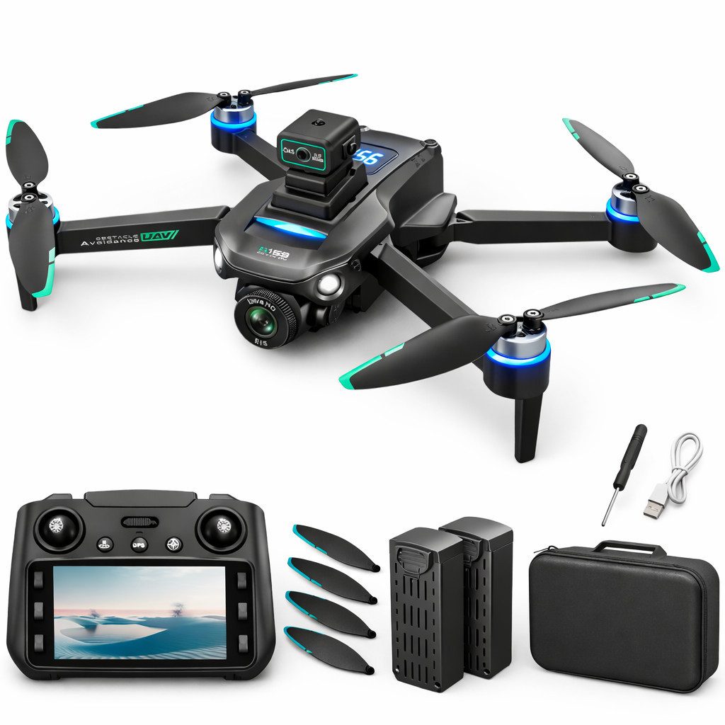 Goldstern-Tech RC-Quadrocopter S159 (GPS Drohne mit Displayfernbedienung, 500m Reichweite, faltbare RC-Drohne mit Dual-Kamera), Auto-Rückkehr, Optical-Flow-Stabilisierung & intelligenten Flugmodi