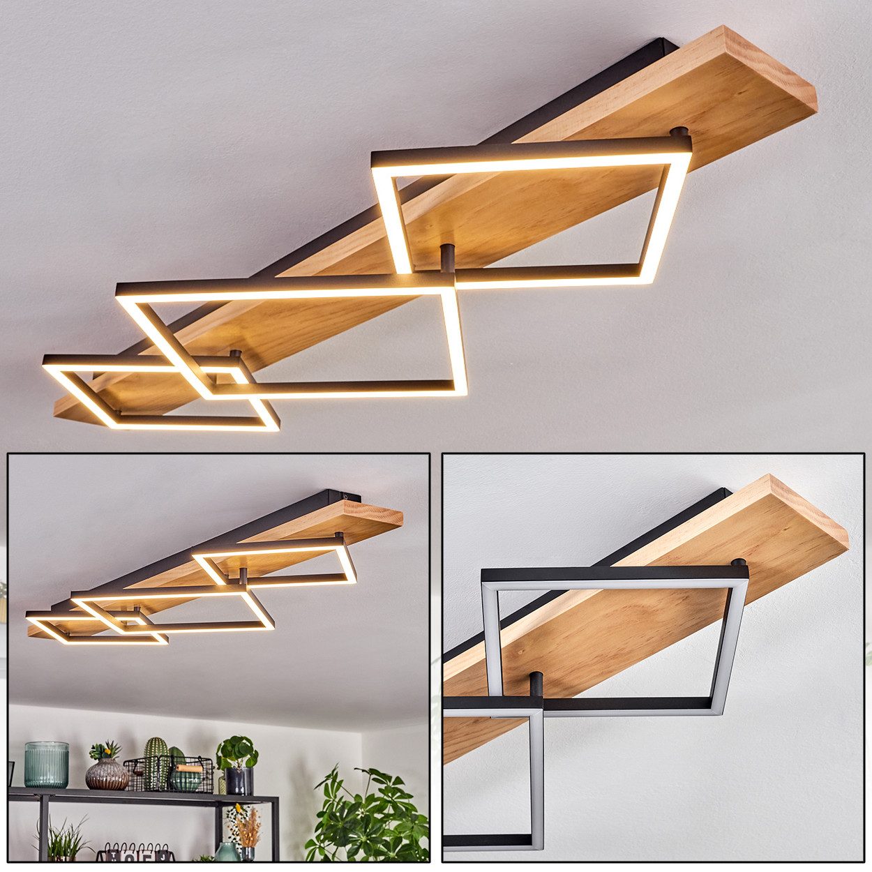 hofstein Deckenleuchte Deckenlampe aus Metall/Holz/Kunststoff in Naturfarben/Schwarz/Weiß, ohne Leuchtmittel, 3000 Kelvin, Leuchte im modernen Design, 42 Watt, 5400 Lumen, 3000 Kelvin