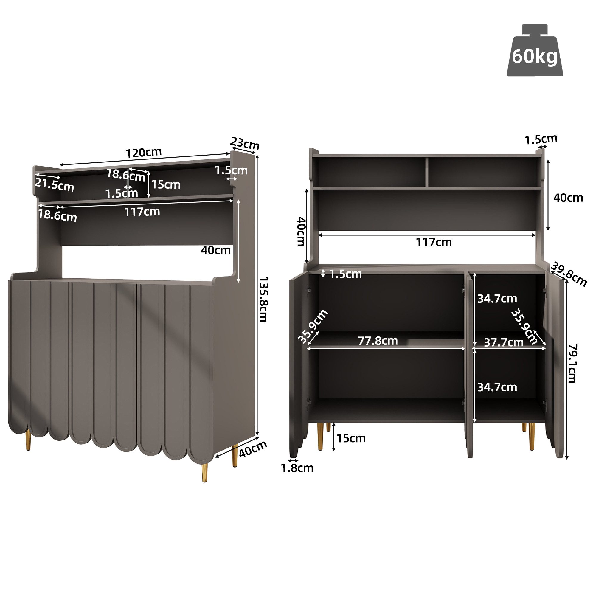 TavilaEcon Küchenbuffet Offenes Regal, 120 x günstig online kaufen