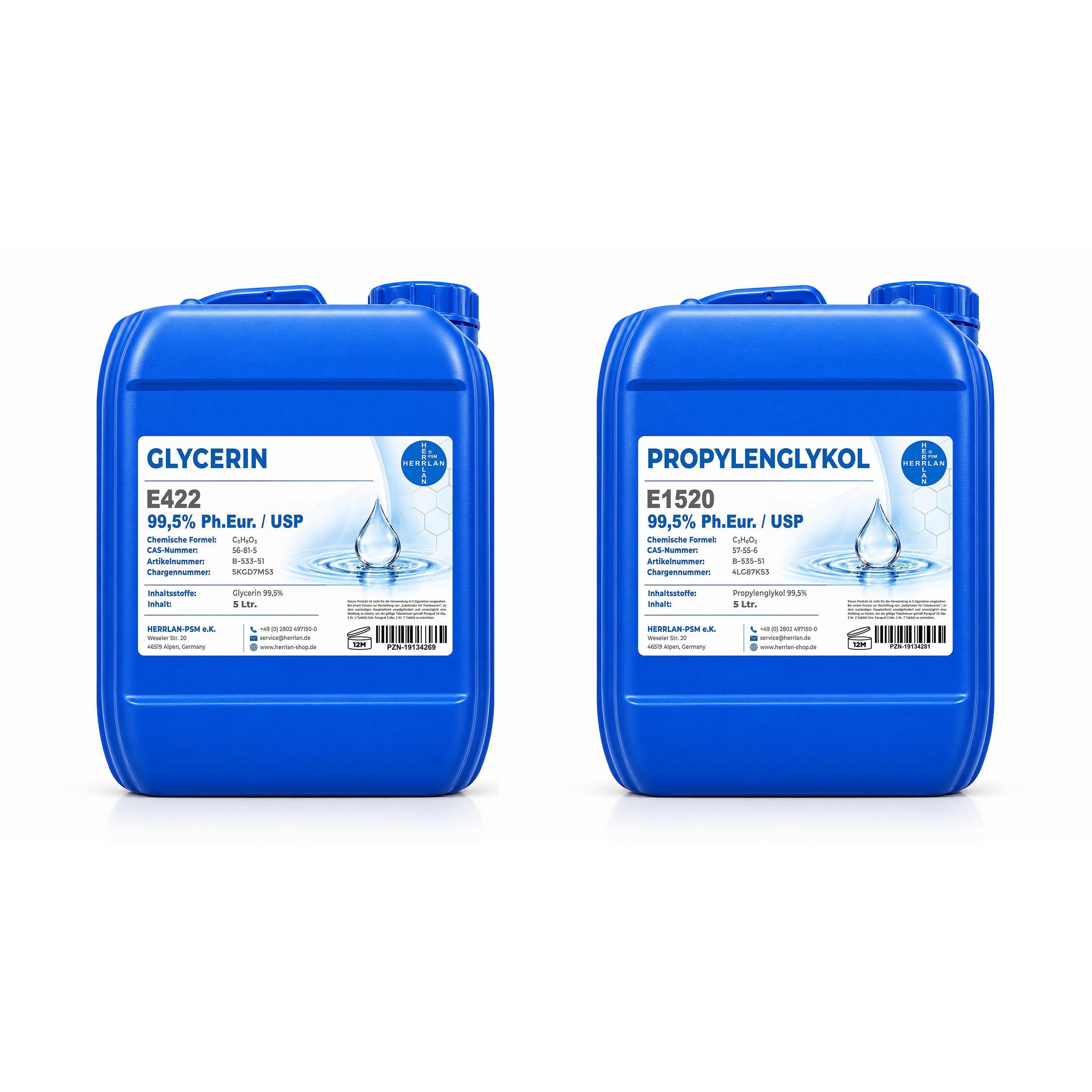 HERRLAN Rohseife Glycerin + Propylenglykol - 99,5% - zum Vorteilspreis, 5 Liter Glycerin + 5 Liter Propylenglykol