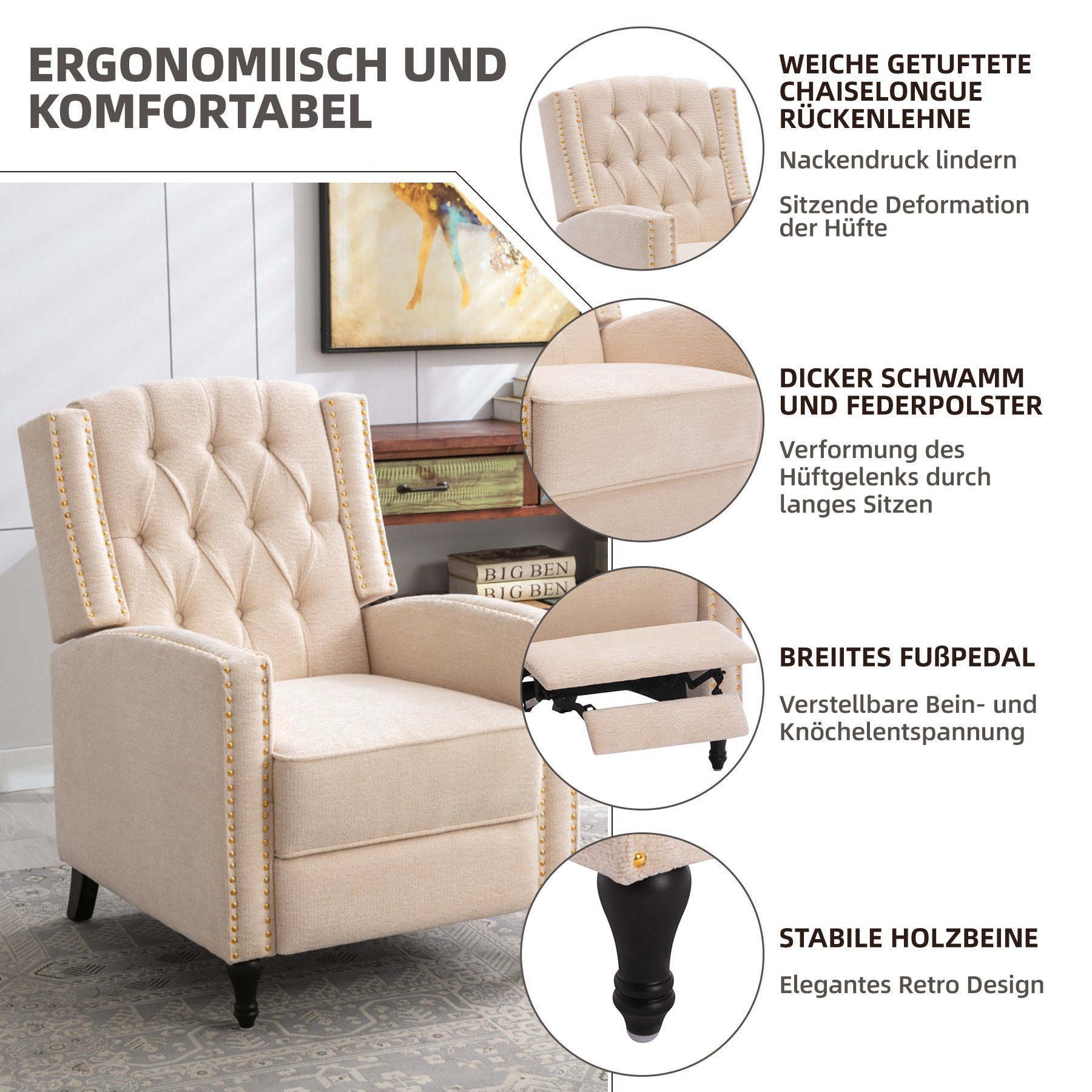 HomeMiYN Relaxsessel Relaxsessel liegefunktion Push Back Sessel Fernsehsessel Wohnzimmer, Verstellbar