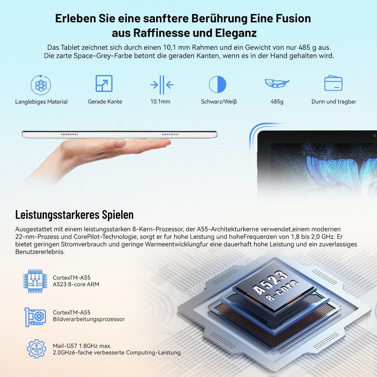 Happybe 10,1 Zoll 64GB, Android, HD 1280x800, mit Tastatur, Maus und Stylus Tablet (10", 64 GB, Android 15, WiFi6, 20(3+17)GB RAM, Widevine L1, Octa-Core)